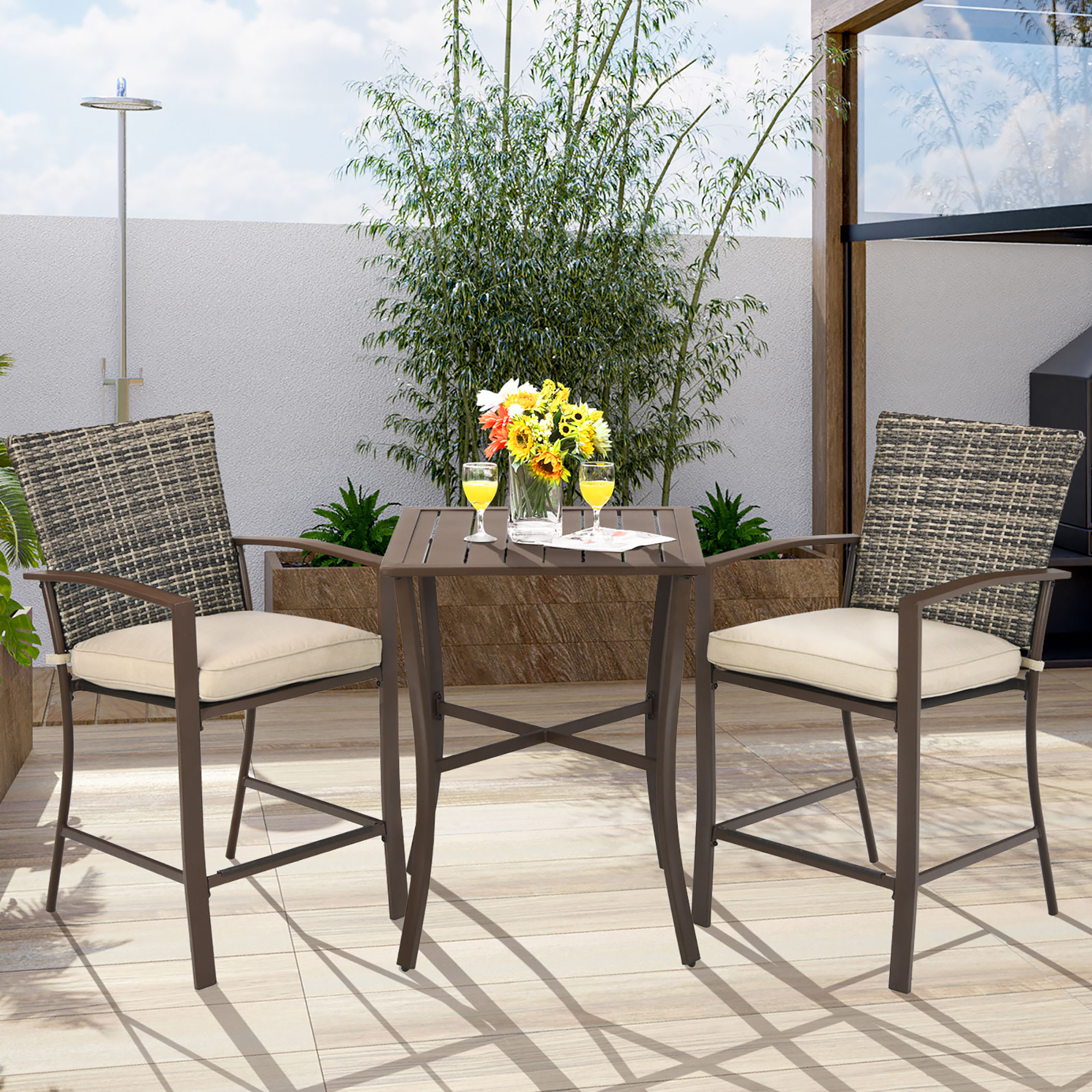 Costway 3PCS Patio Rattan Bar Furniture Set Slat Table 2 Cushioned Stools P