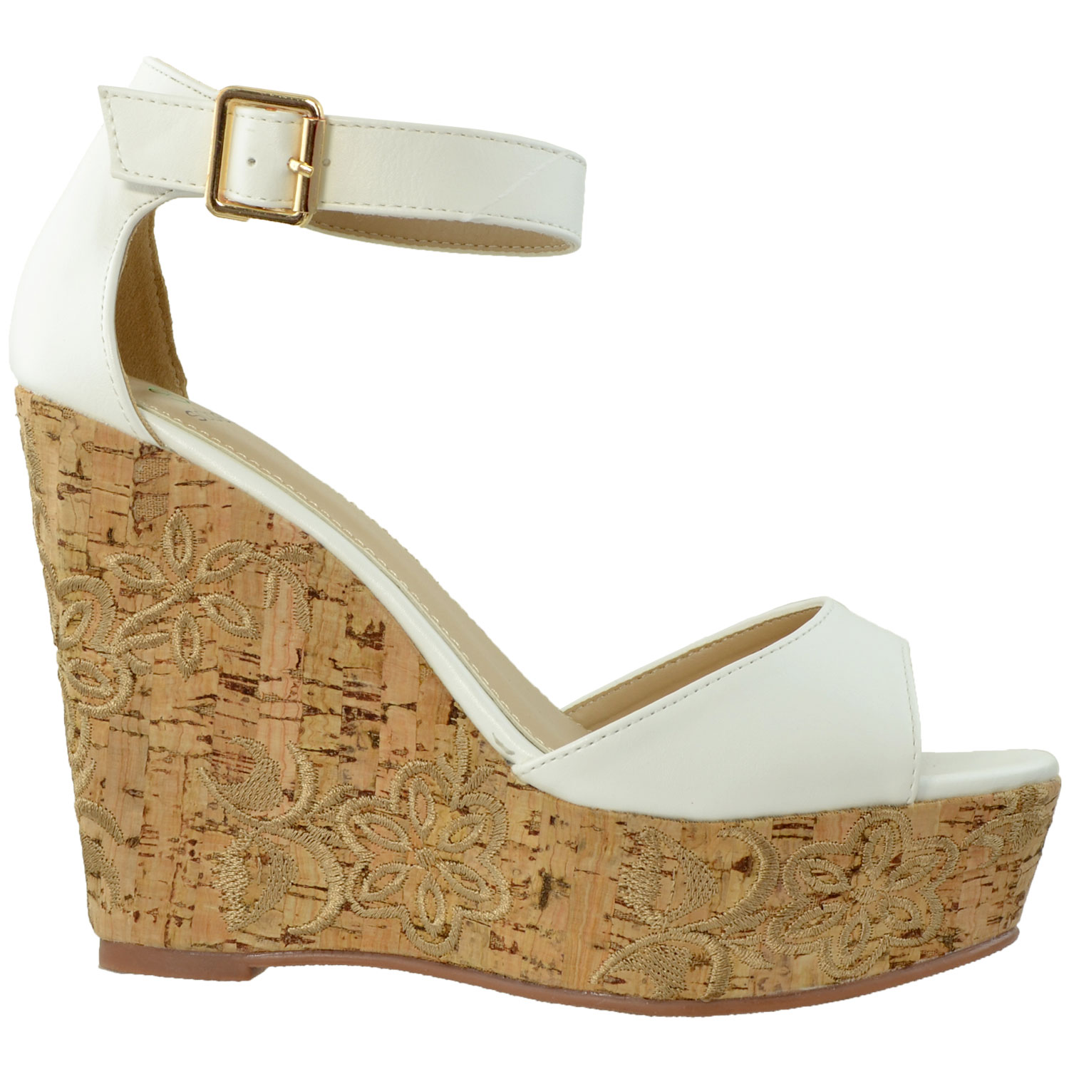 Platform Ankle Strap Cork Heel Wedges White BelleChic