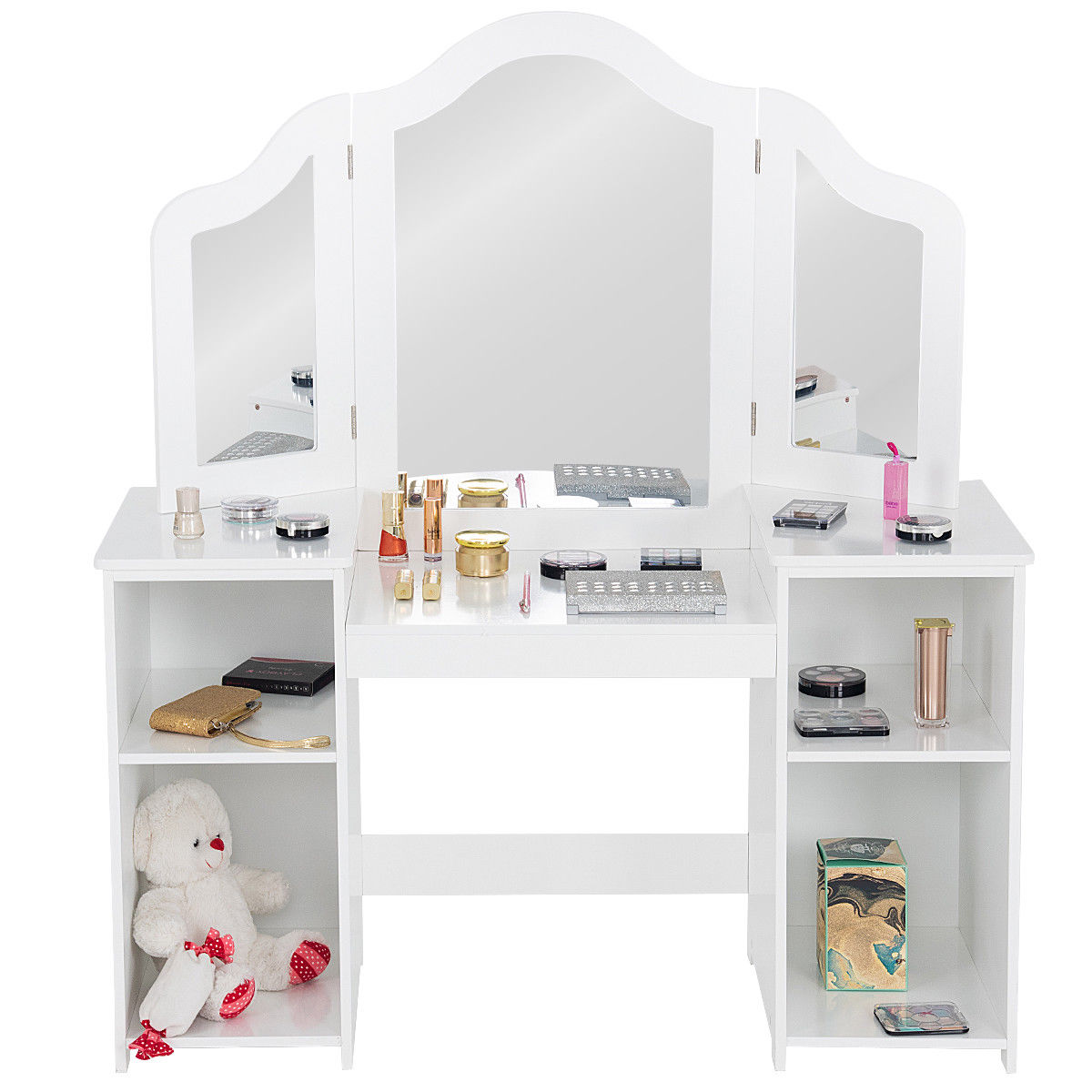 Costway Vanity Table Set Makeup Dressing Kids Girls Study Table Tri Folding Mirror  WhitePink