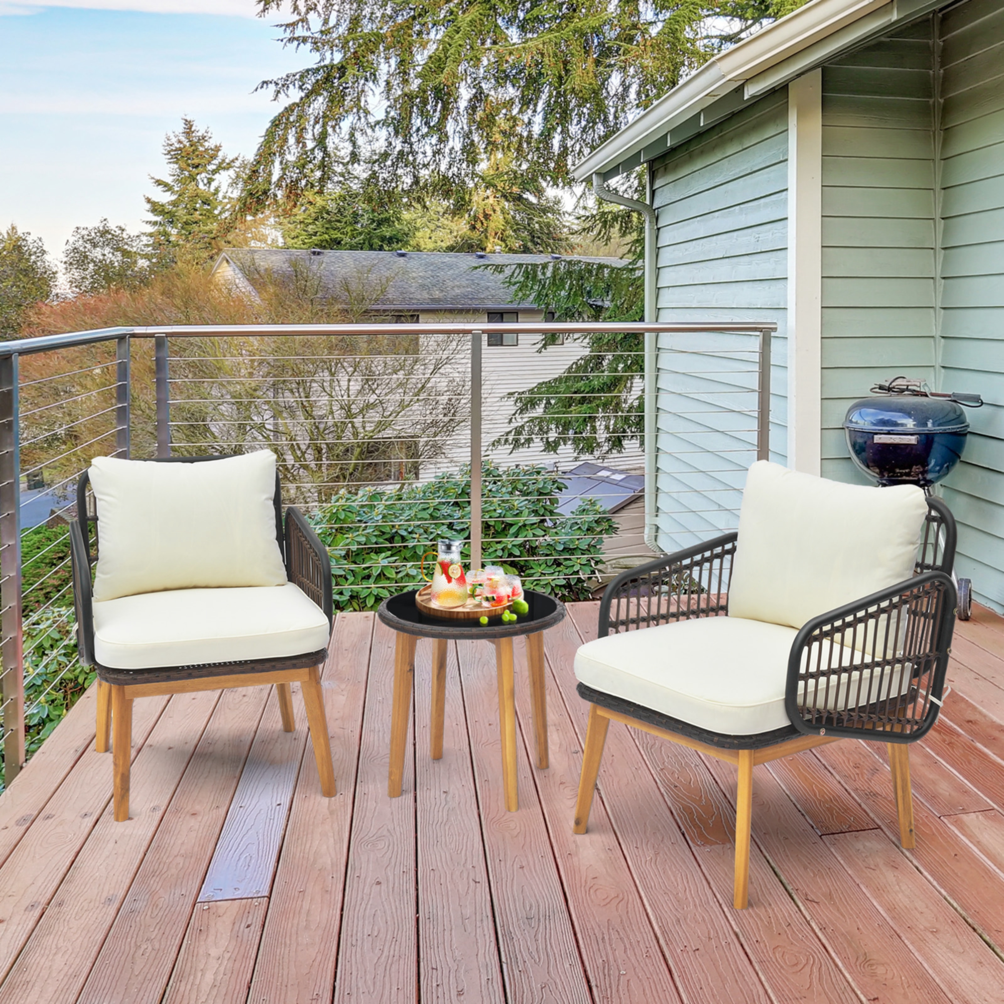 Costway 3-Piece Patio Furniture Set with Cushioned Chairs and Tempered Glass Side Table