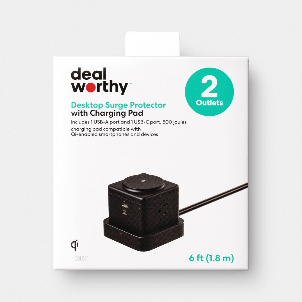Desktop Surge Protector USB-A and USB-C with Top Charging Pad Black - Dealw