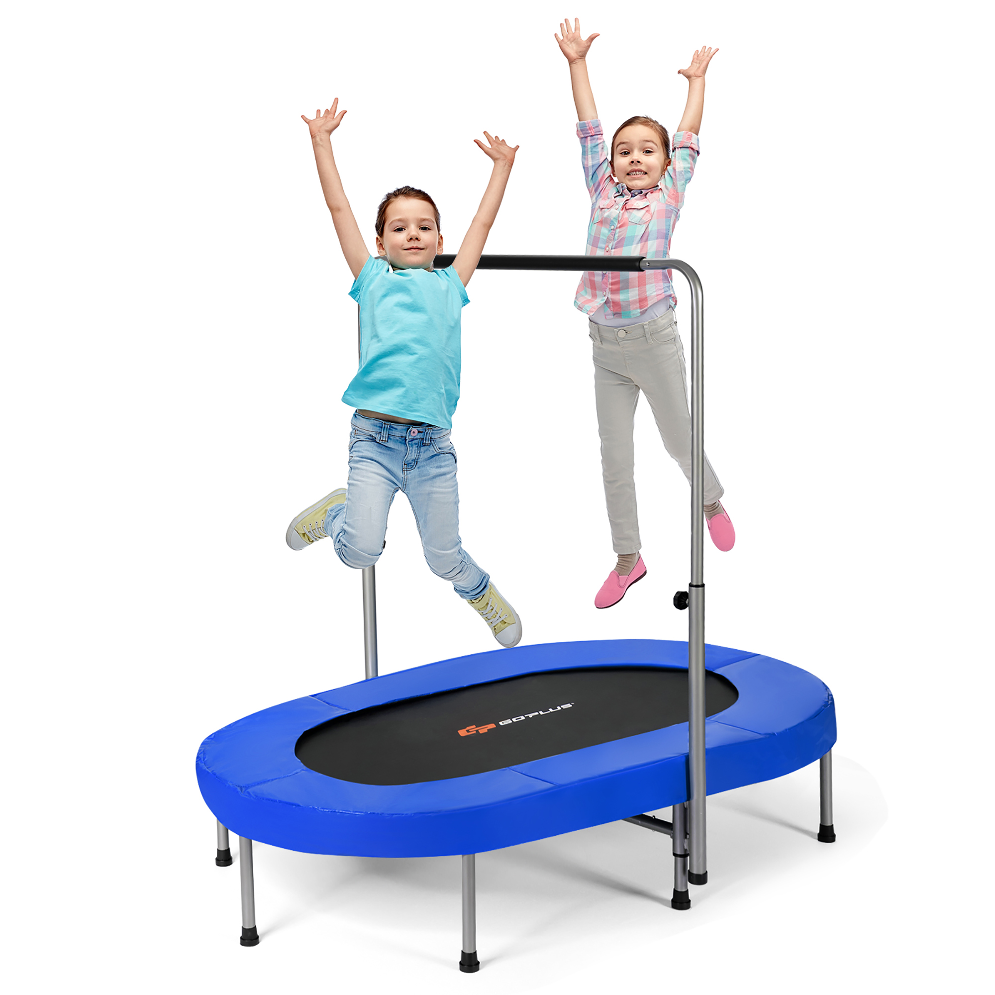 Goplus Foldable Trampoline Double Mini Kids Fitness Rebounder w/ Adjustable Handle Red\Blue
