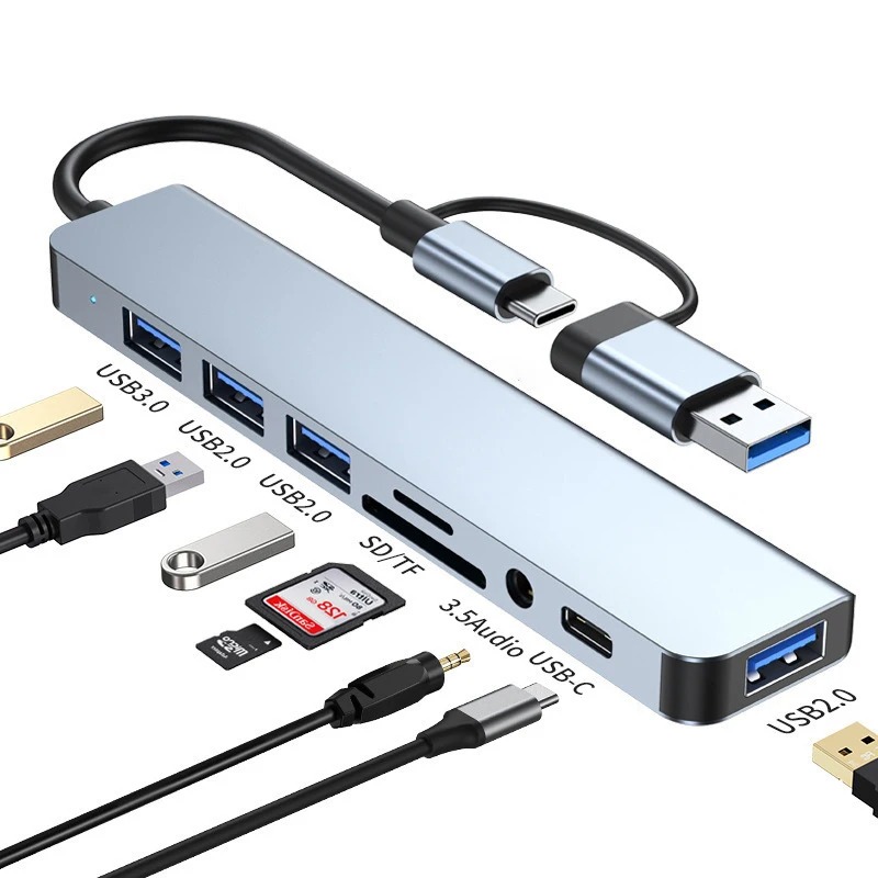 USB Type C HUB, 8 in 1 USB C Adapter Reader Laptop Tablet Phone Disk Converter