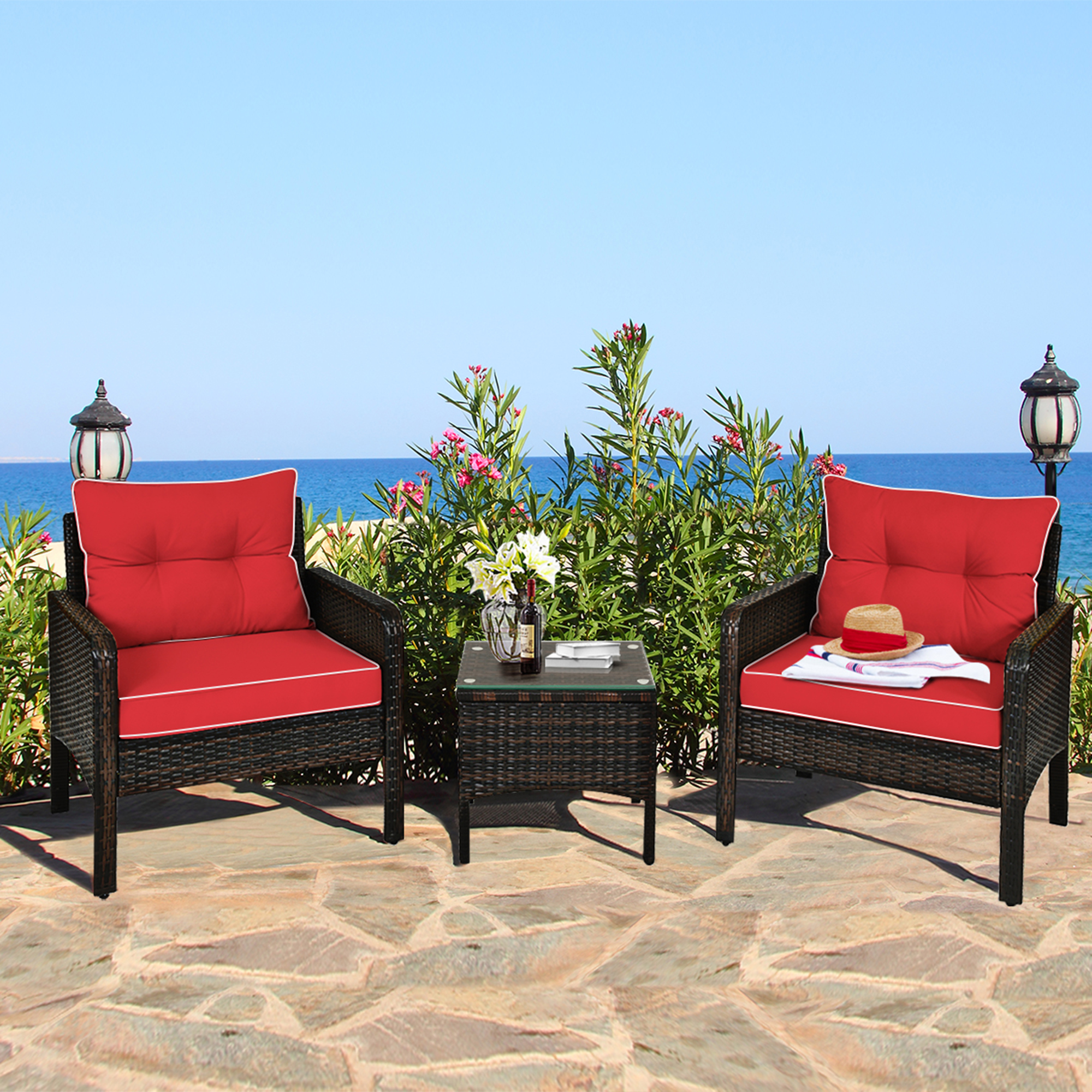 3PCS Patio Outdoor Rattan Furniture Set w/ Coffee Table