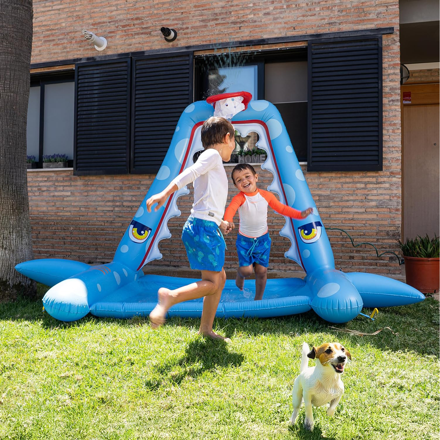 Zone Tech Splash Pad Sprinkler for Kids - Big Inflatable Shark Sprinkler with Basketball Hoop Water Splash Pad for, Ball and Accessories Included