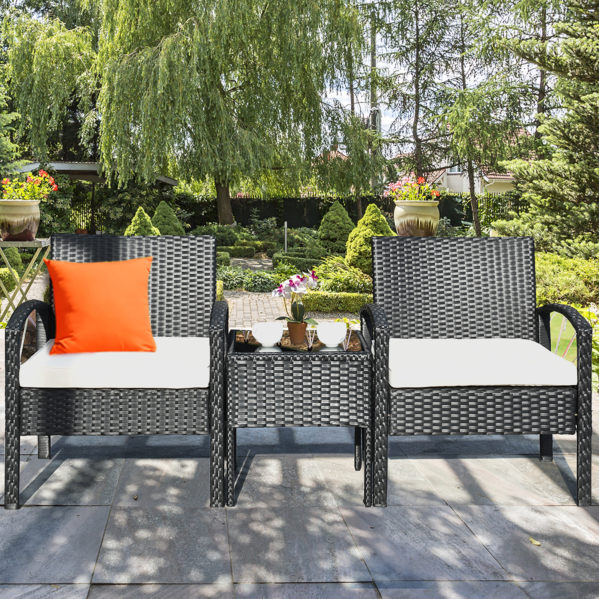 Costway 3PCS Patio Rattan Furniture Set Coffee Table & Chairs Set with Seat