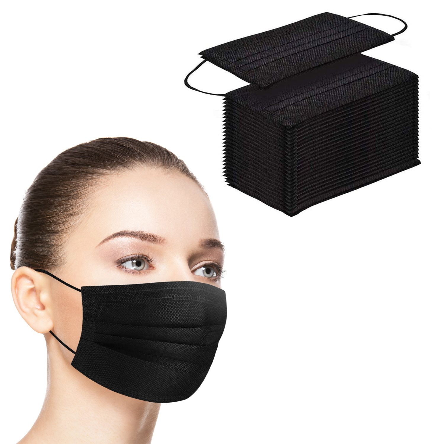50-Pack: Disposable 3-Ply Black Face Masks