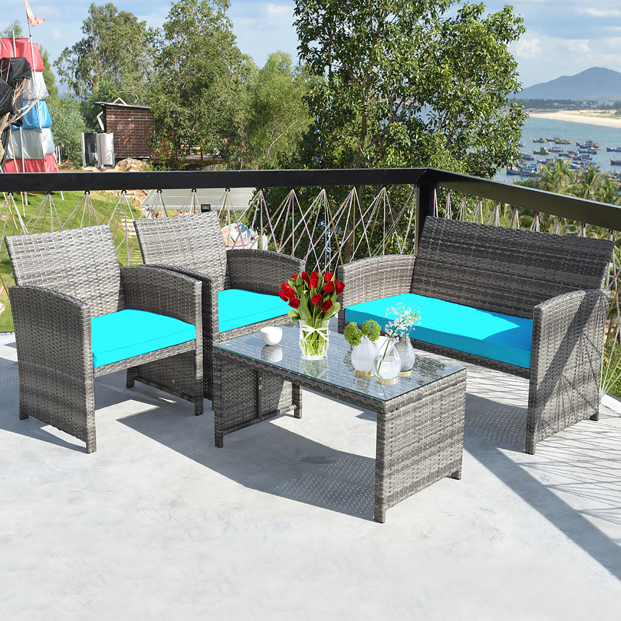 4 Piece Set: Patio Rattan Conversation Set