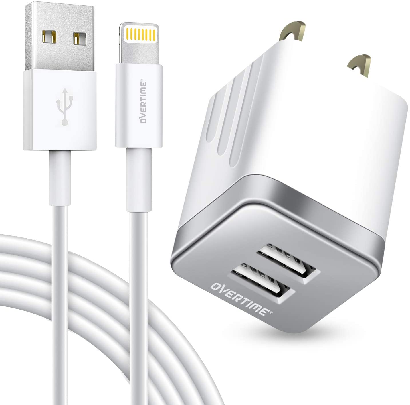 Overtime Apple MFi Certified Charger Bundle (6ft Lightning Cable with Dual USB Wall Adapter 2.4 AMP)