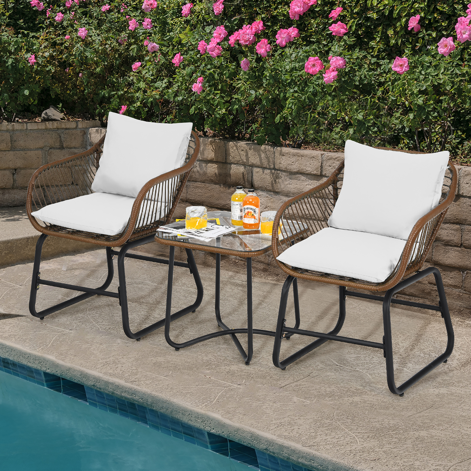 Costway 3-Piece Patio Rattan Bistro Set Cushioned Chair Glass Table Deck