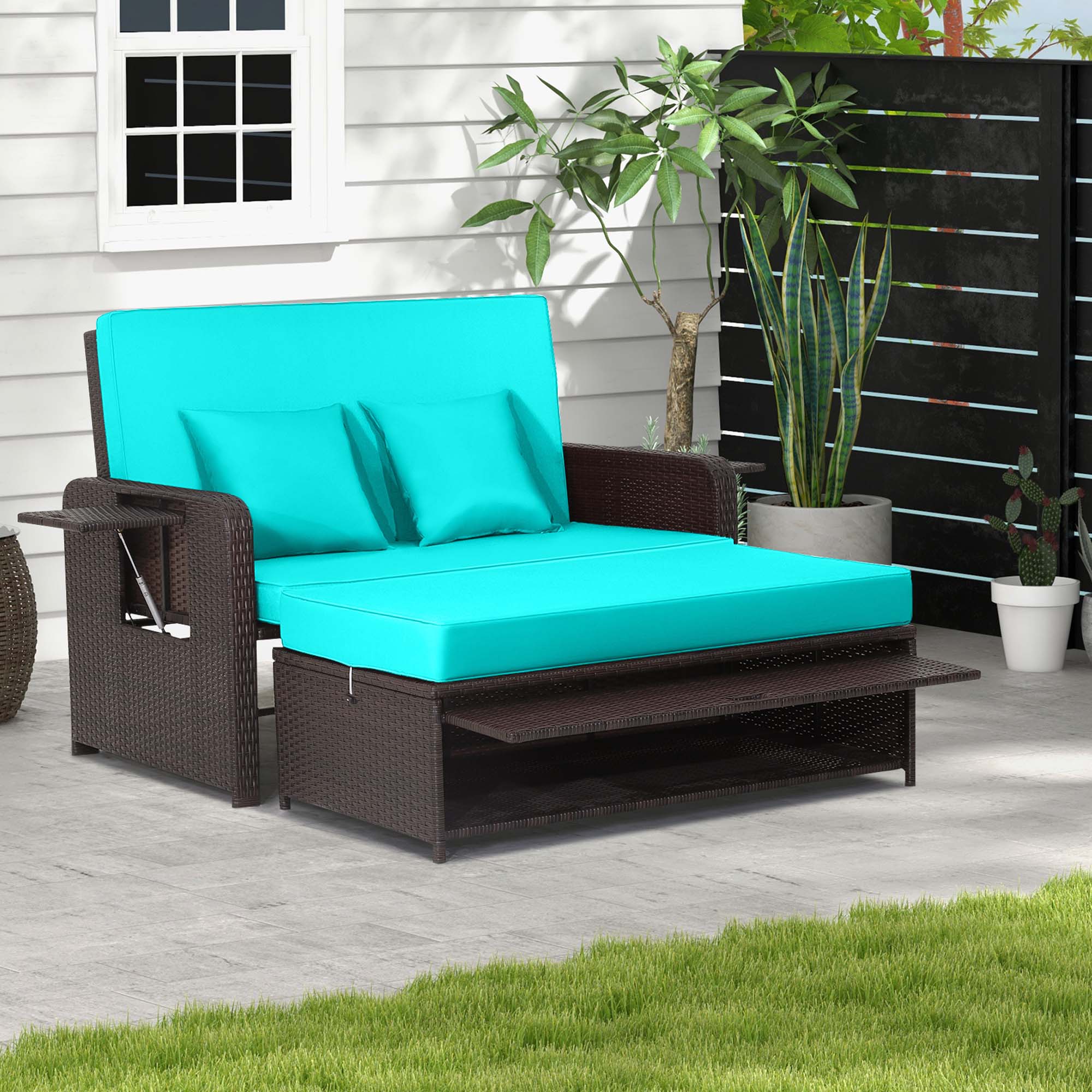 Costway Patio Rattan Loveseat Set Daybed Lounge Storage Ottoman Side Tables Adjust Red