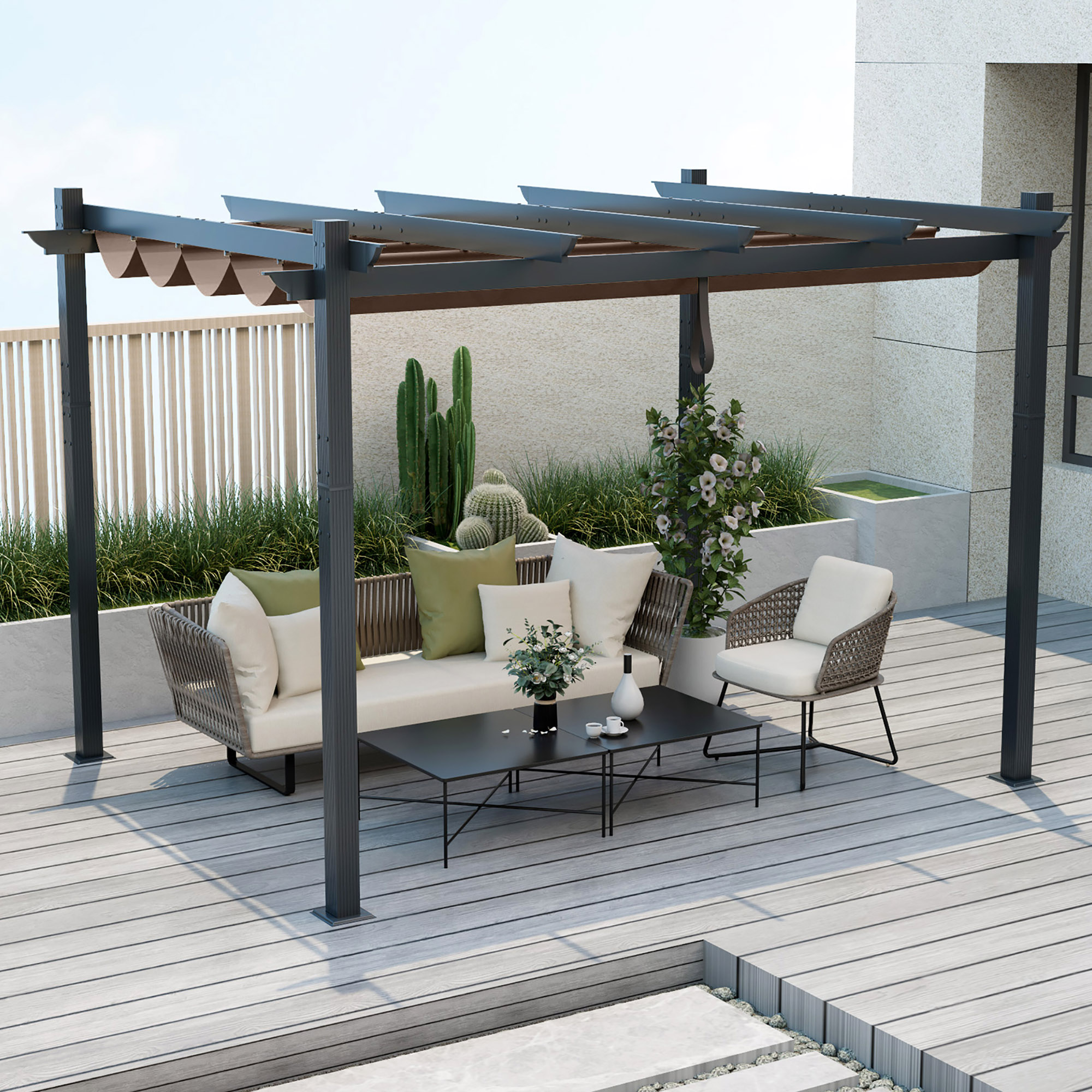 Costway 10x12ft Outdoor Aluminum Retractable Pergola Canopy Shelter Grape Trellis Brown