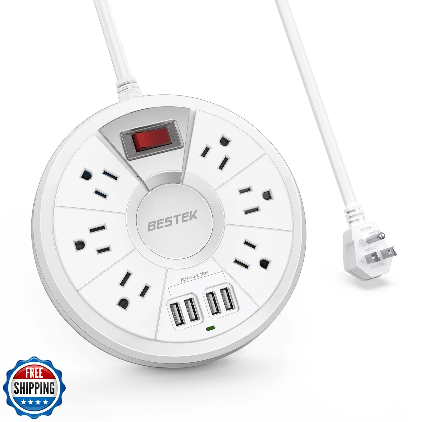 Travel Power Strip, BESTEK 6Ft Extension Cord with 4 USB Ports and 6-Outlet