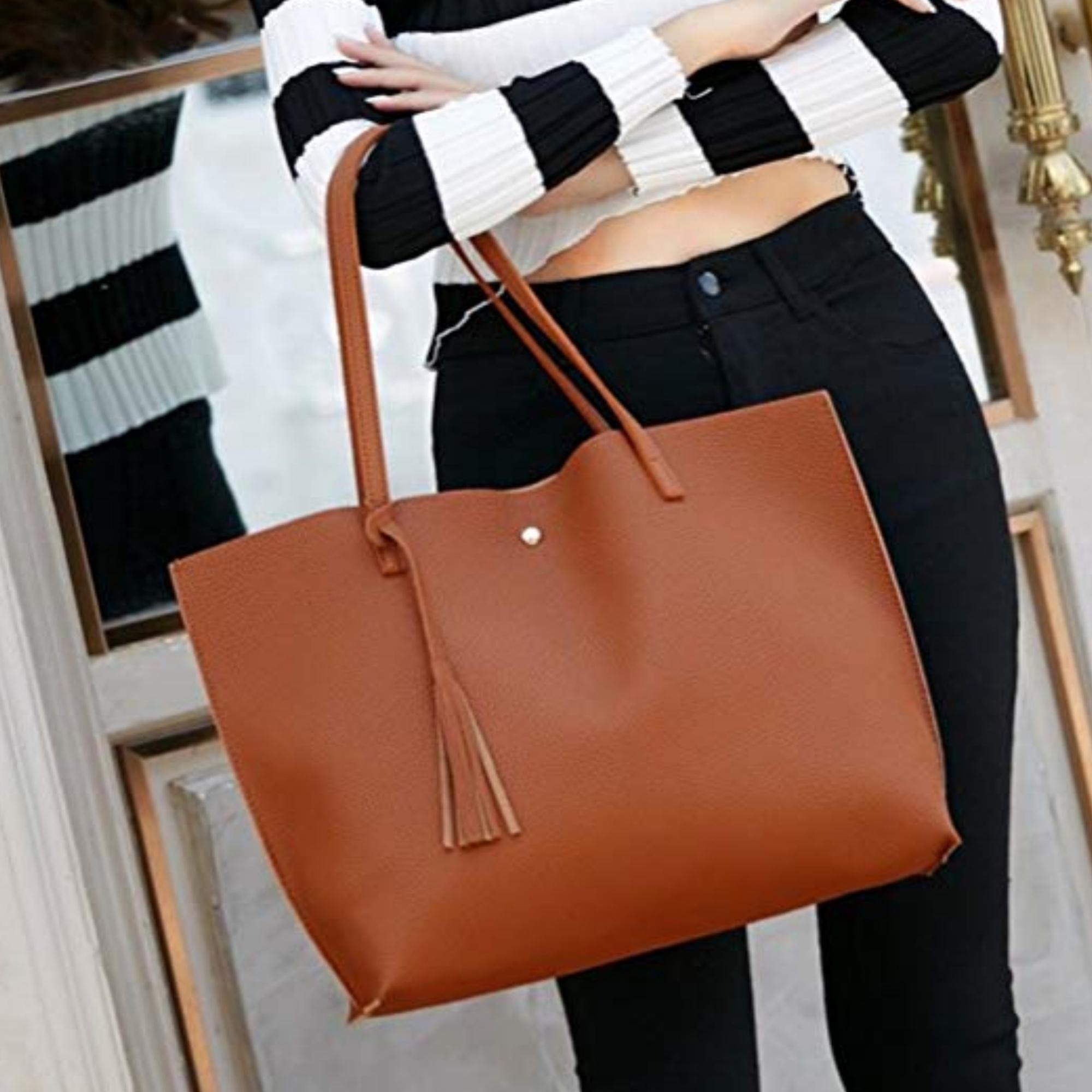 Women's Faux Leather Tote Handbag with Tassel