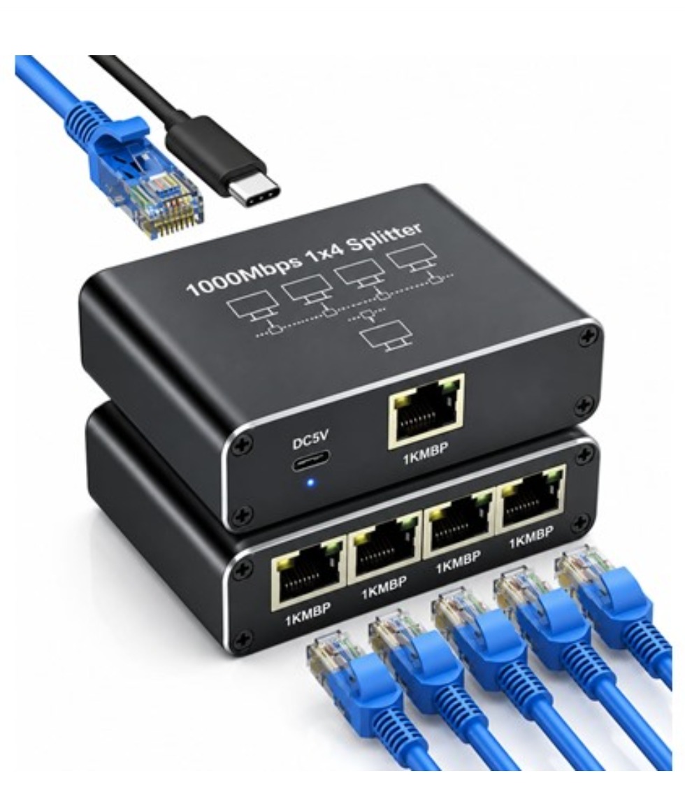 RJ45 Gigabit Ethernet Splitter 1000Mbps 1 In 4 Out - Black (1-Pack)