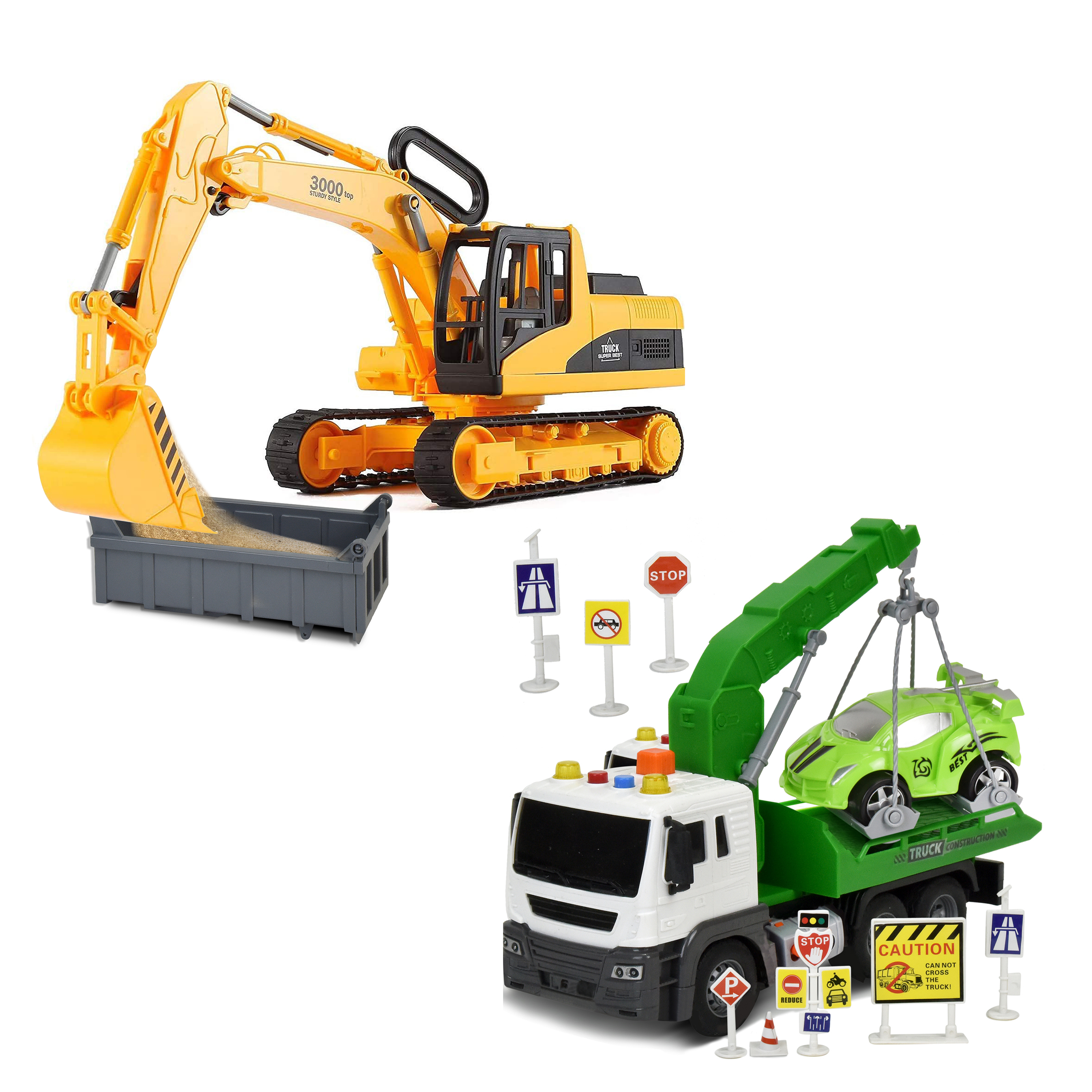 2 Pack: Excavator Toy Truck and Tow Truck Set