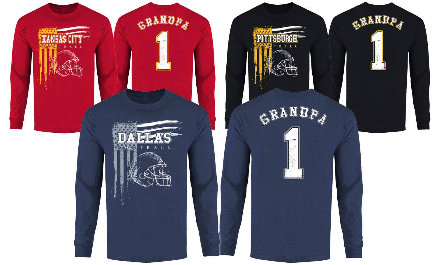 Men Grandpa #1 Vintage USA Flag Football Long Sleeve Shirt