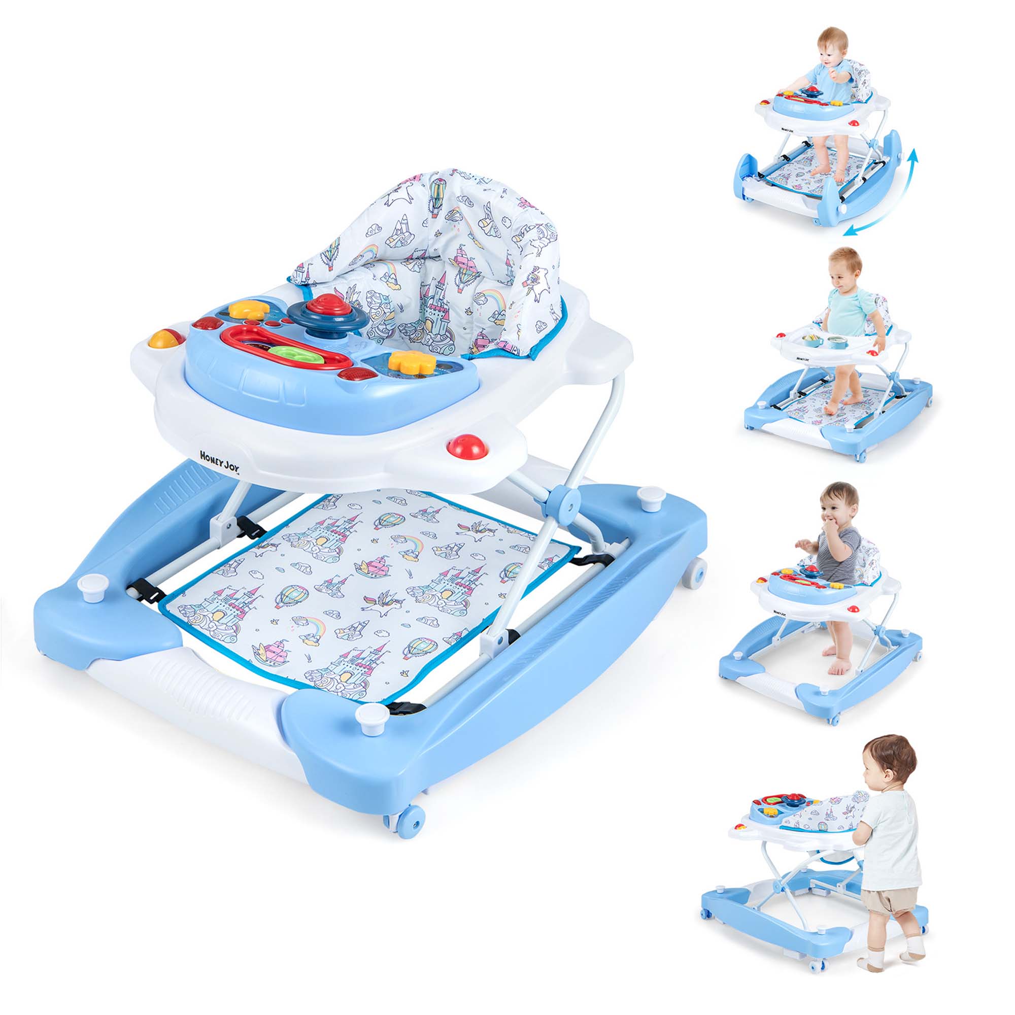 Costway 6 in 1 Baby Walker Adjustable Toddler Walker & Activity Center with Music Tray Blue/Green/Grey/Pink