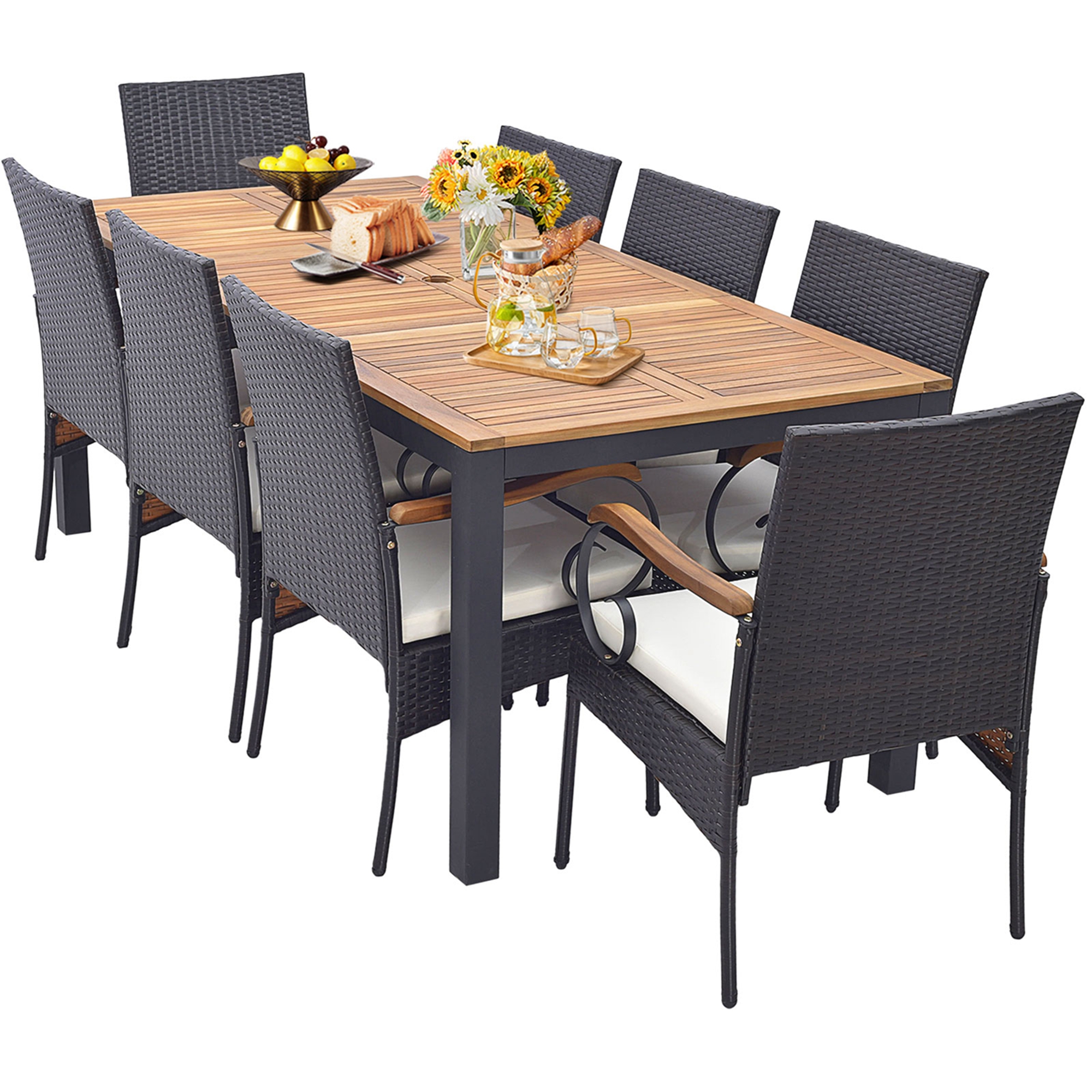 Costway 9 PCS Patio Rattan Dining Set with Acacia Wood Table, Cushions, 1.9"" Umbrella Hole