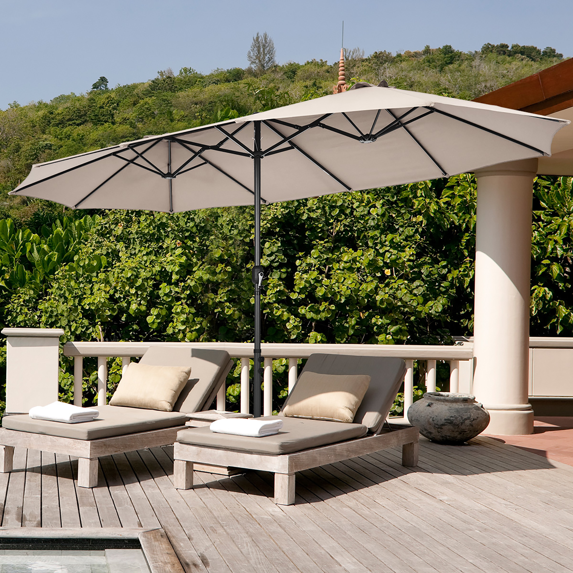 15ft Steel Double Sided Patio Umbrella W/ Base and Crank