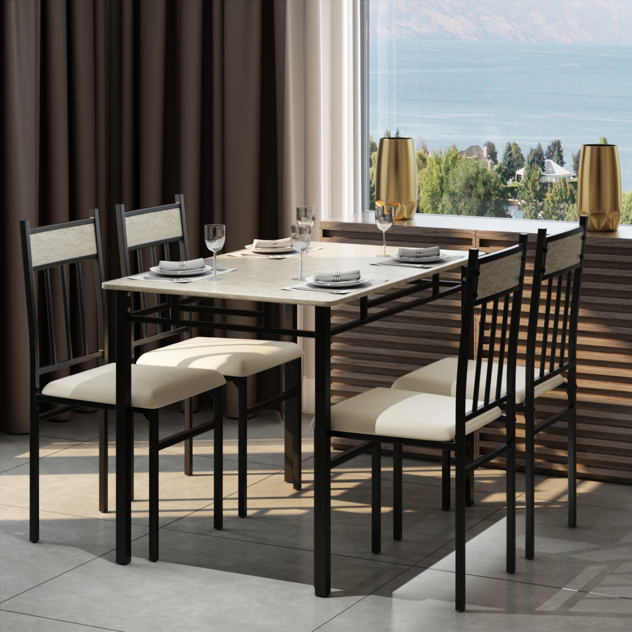 5 Piece Faux Marble Dining Set Table and 4 Chairs Kitchen Breakfast Furniture Grey