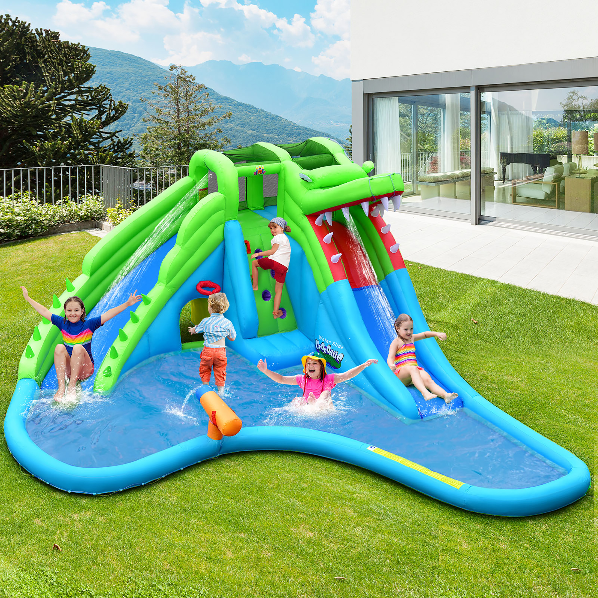 Inflatable Crocodile Water Slide Pool With 780W Blower