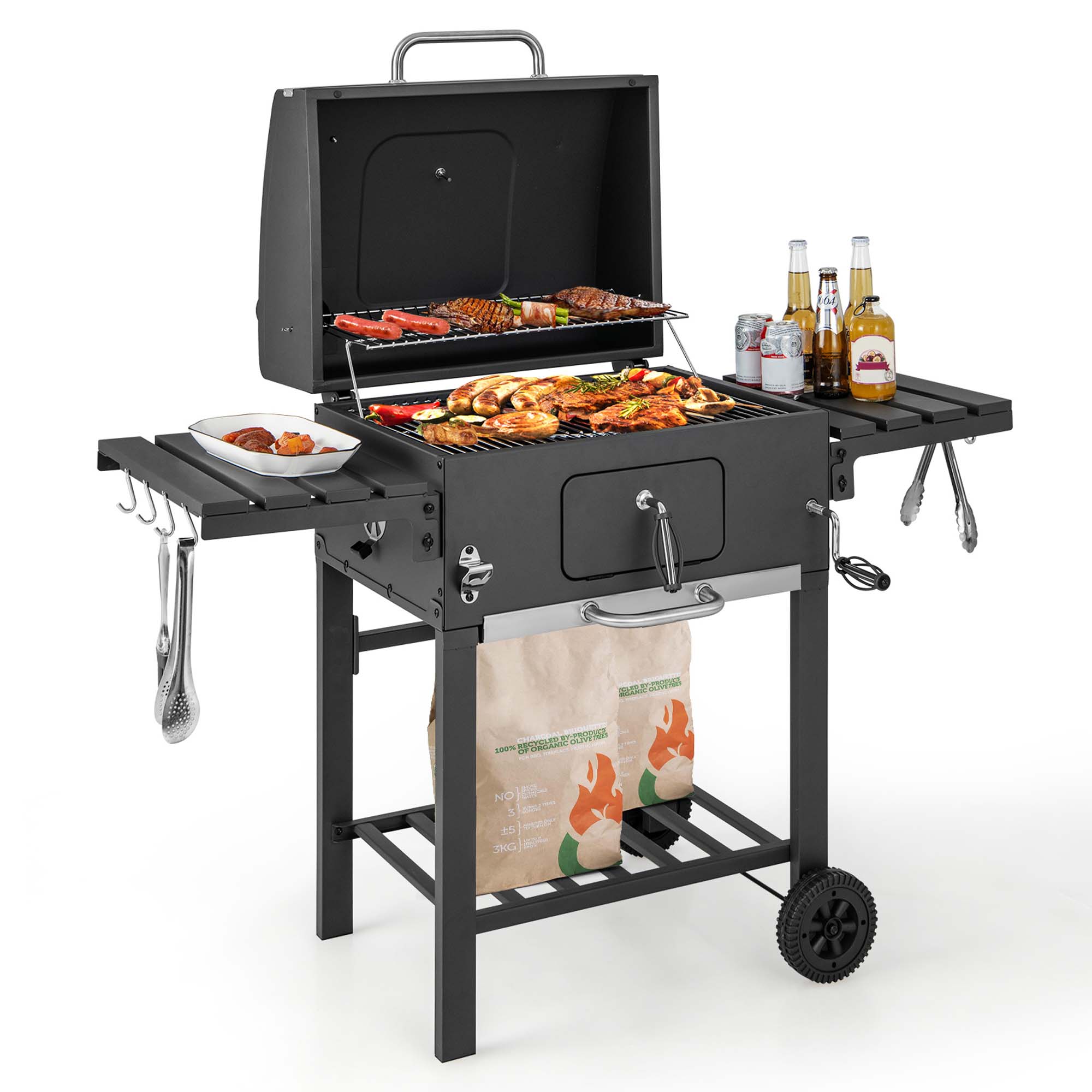 Outdoor BBQ Charcoal Grill with 2 Foldable Side Table and Wheels