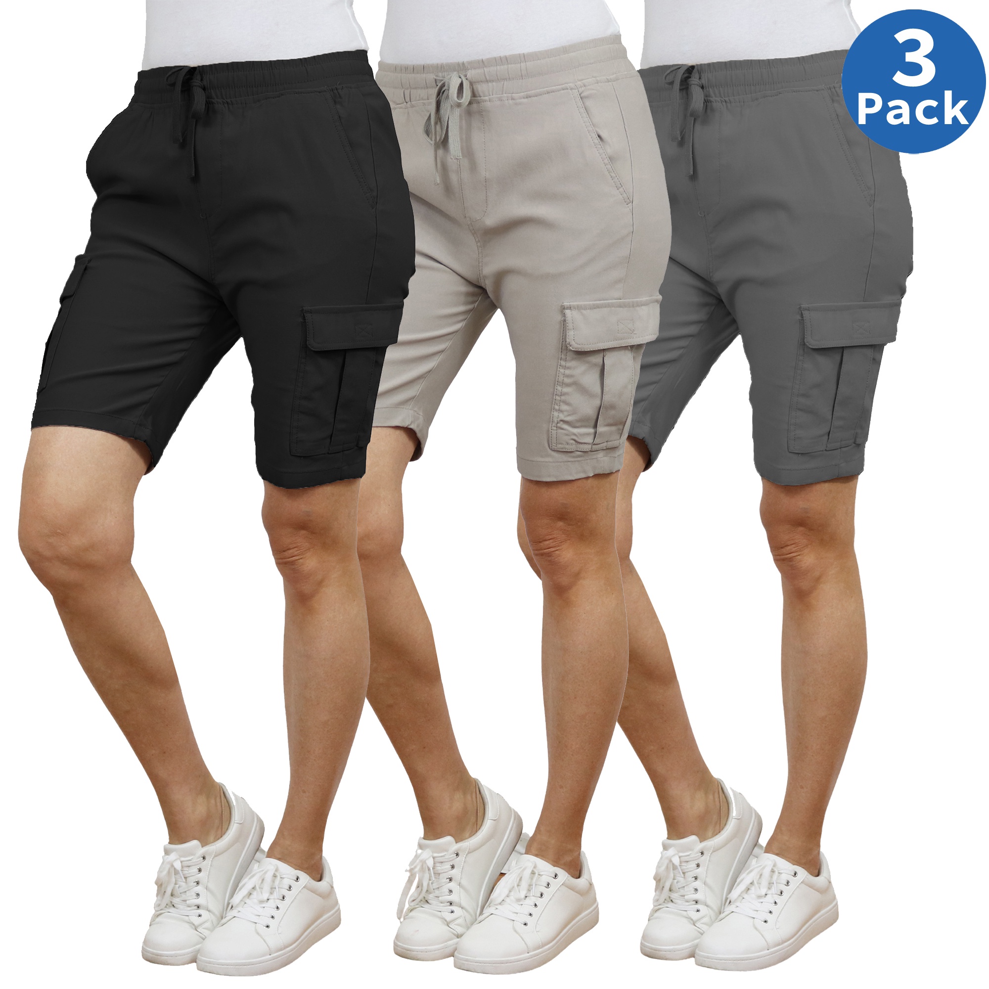 3-Pack Women’s Flex Cargo Shorts with Elastic Waistband and Drawstring – Comfortable Fit with 6 Pockets and Stretch Fabric (S-2XL)