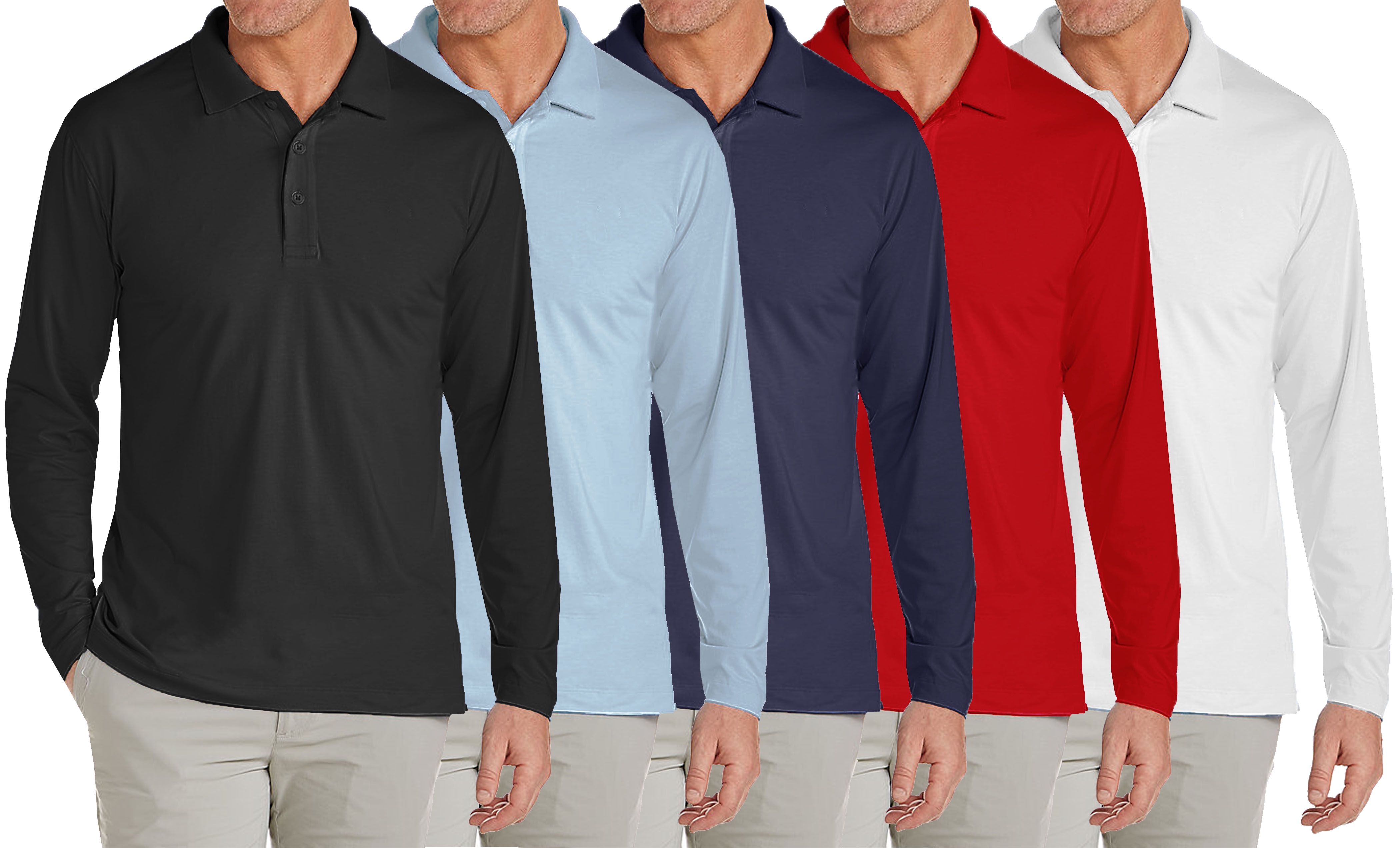 3-Pack Men's Modern Fit Long Sleeve Stretch Pique Golf Polo Casual Collared Shirt (S-2XL)