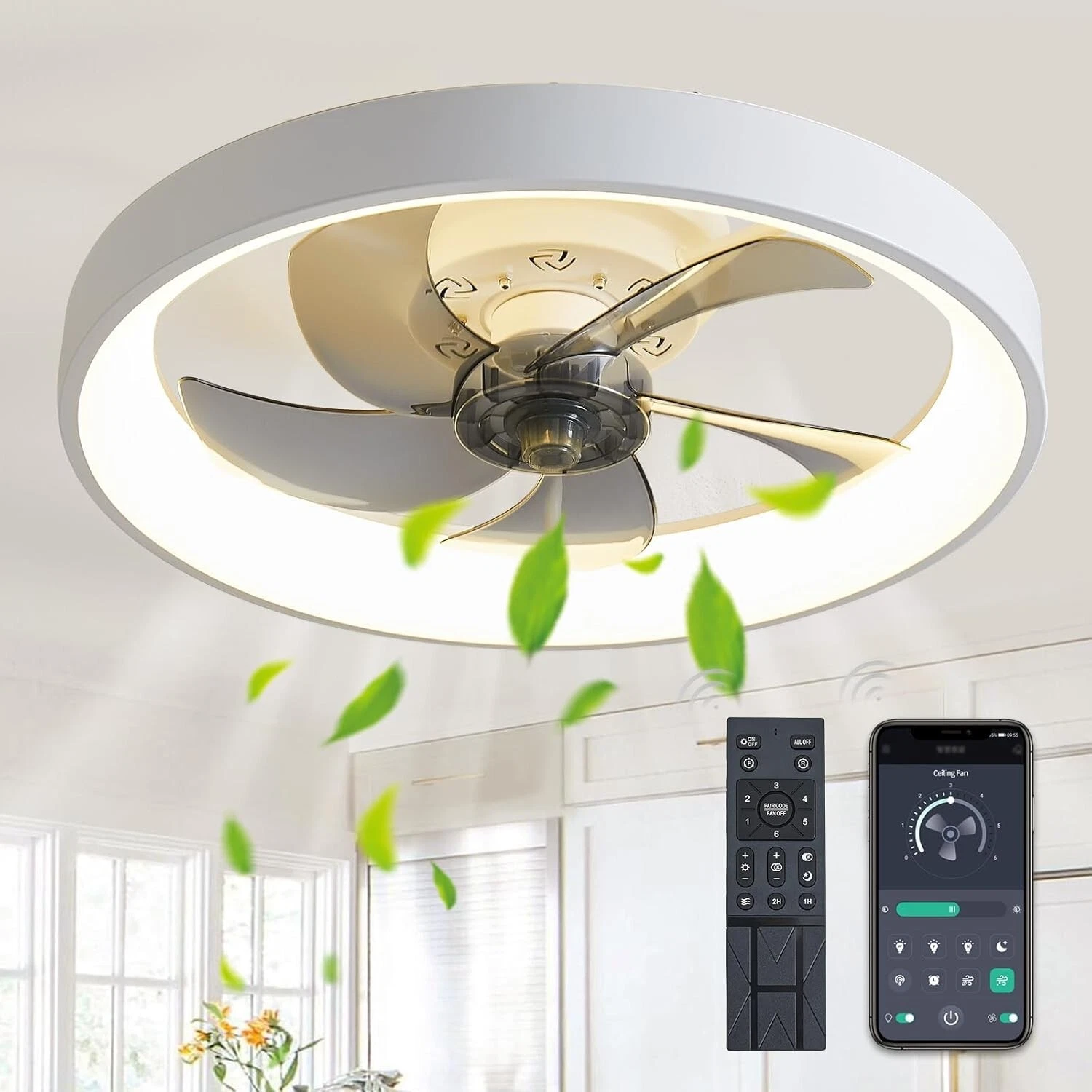 20"" Modern Fan Lights Flush Mount LED Ceiling Light kit With Remote APP Control