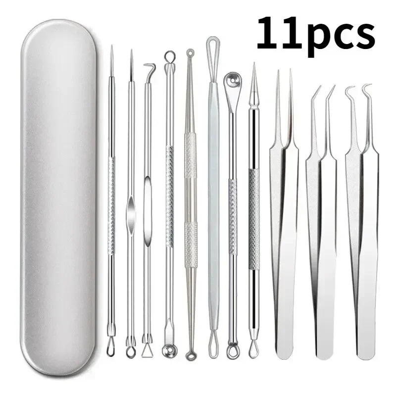 11Pcs Acne Pimples Blackhead Remover Clip Ultra-fine Tweezers Black Dots Blackhead Extractor Acne Needle Facial Cleaner Skin