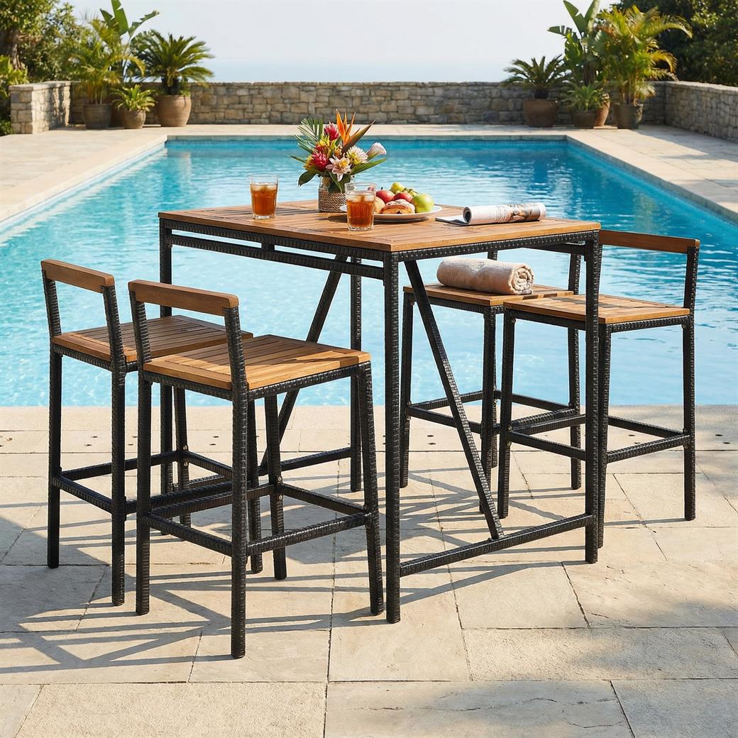 5 Pieces Outdoor Acacia Wood and PE Rattan Bar Set