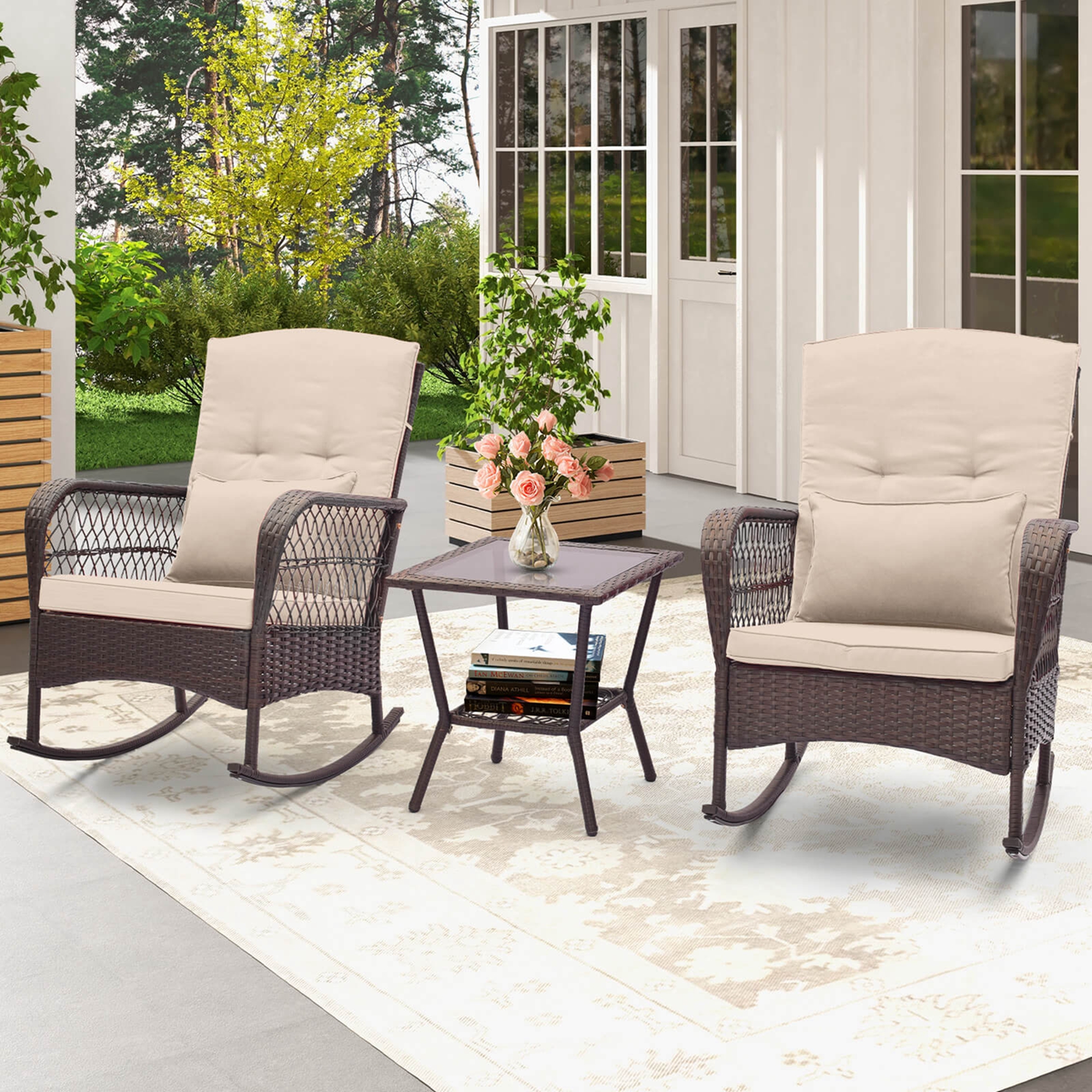 3-Piece Patio Rocker Set Outdoor Wicker Rocking Chairs with Double-Layer Coffee Table