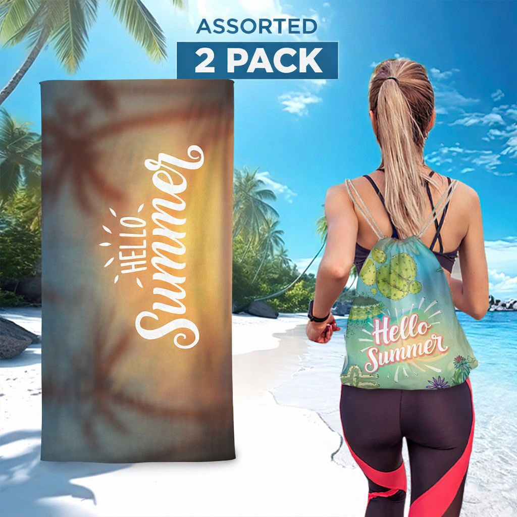 2 Pack Assorted 2 In 1 Windproof Beach Backpack Towel