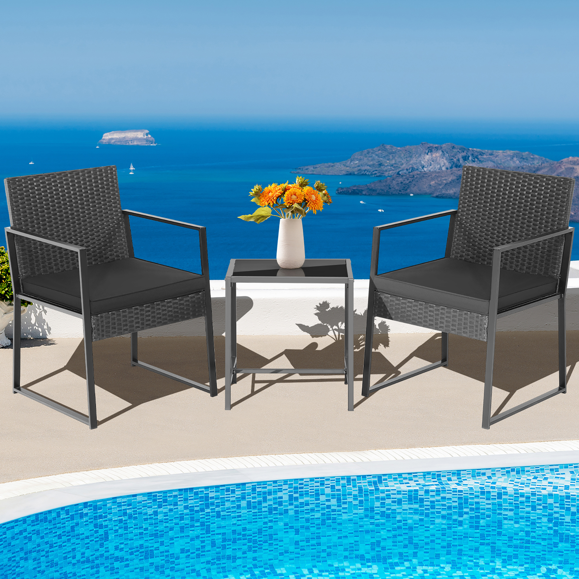 Costway 3-Piece Patio Furniture Set Heavy Duty Cushioned Wicker Rattan Chairs Table Outdoor