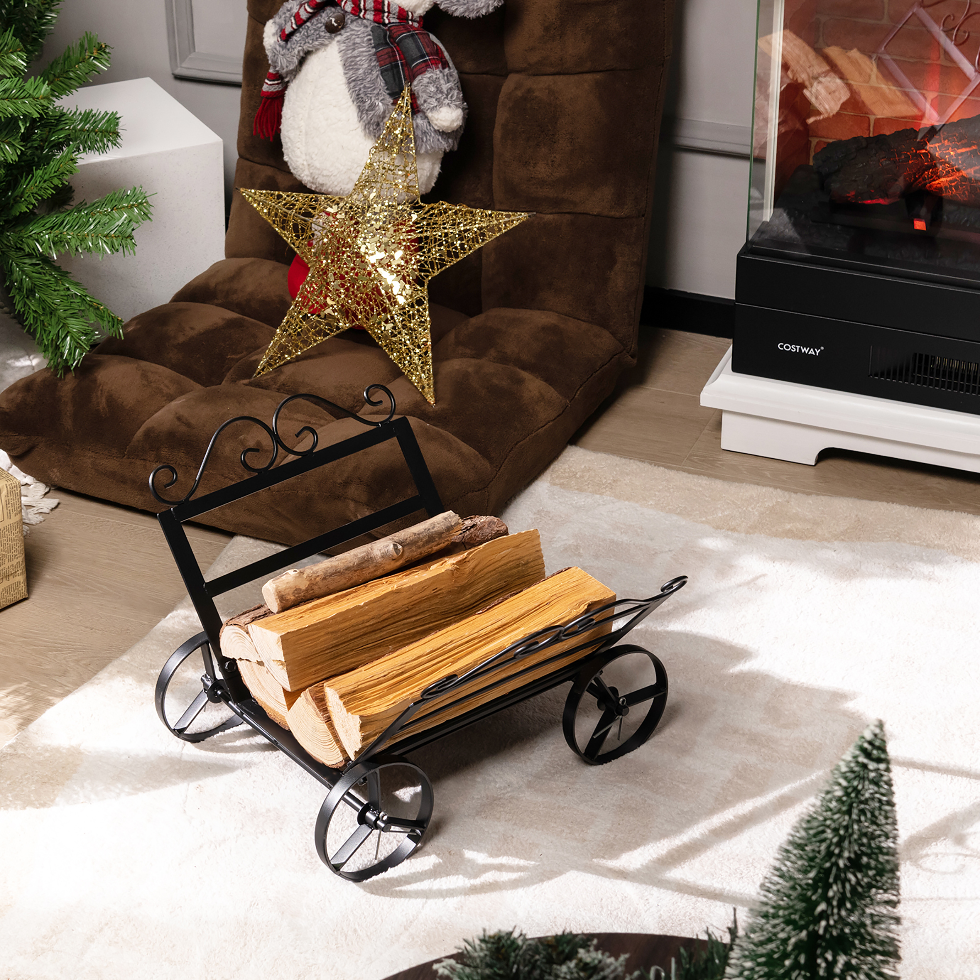 Costway Firewood Storage Rack Steel Fireplace Log Holder w/ Wheels