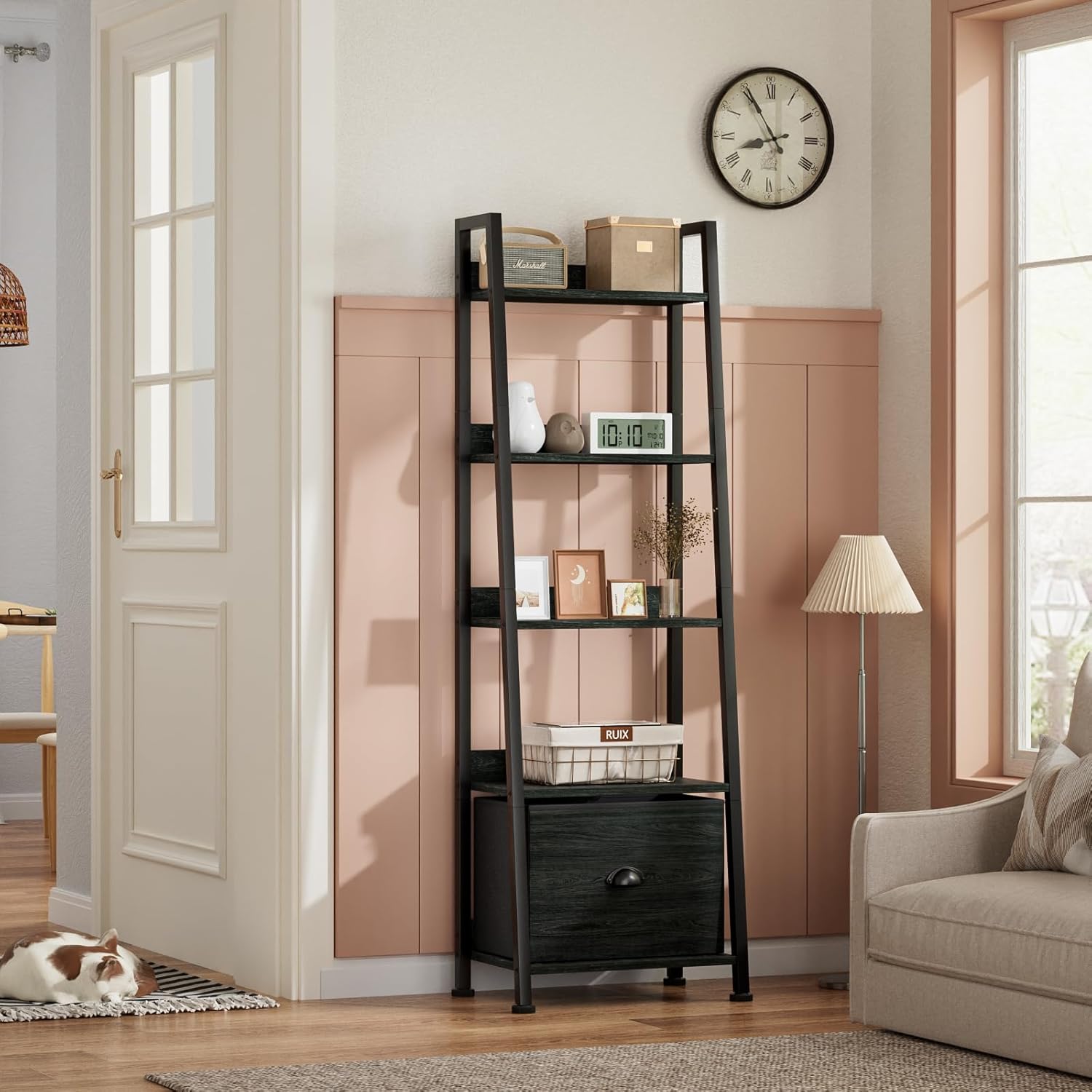 5-Tier Ladder Shelf Narrow Ladder Bookshelf with Drawer 55.6”Tall Industrial Bookcase Storage Rack Organizer