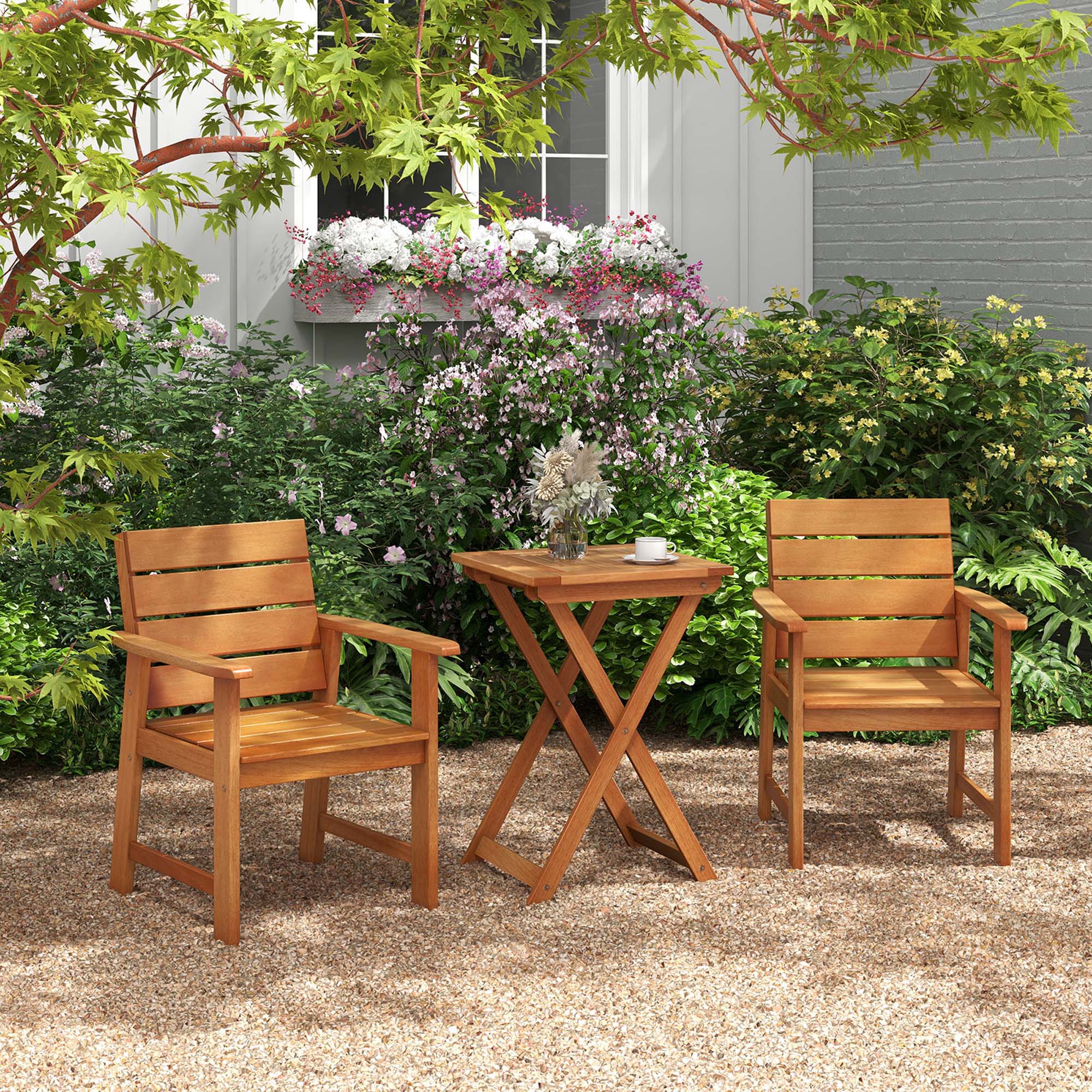 Costway 3-PCS Outdoor Wood Bistro Set with 2 Hardwood Chairs & Folding Bistro Table Patio