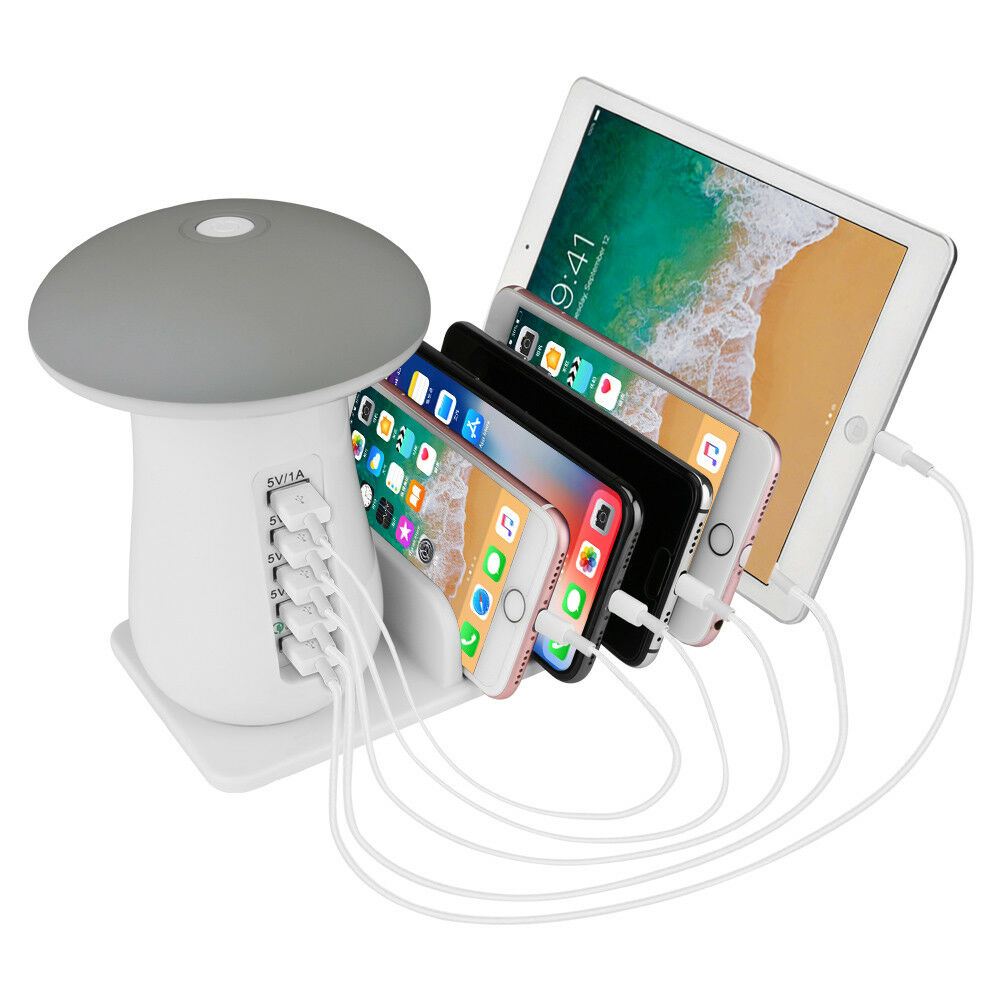 Zummy LED Mushroom Light Lamp 5 Powered USB Stand Charging Docking Station