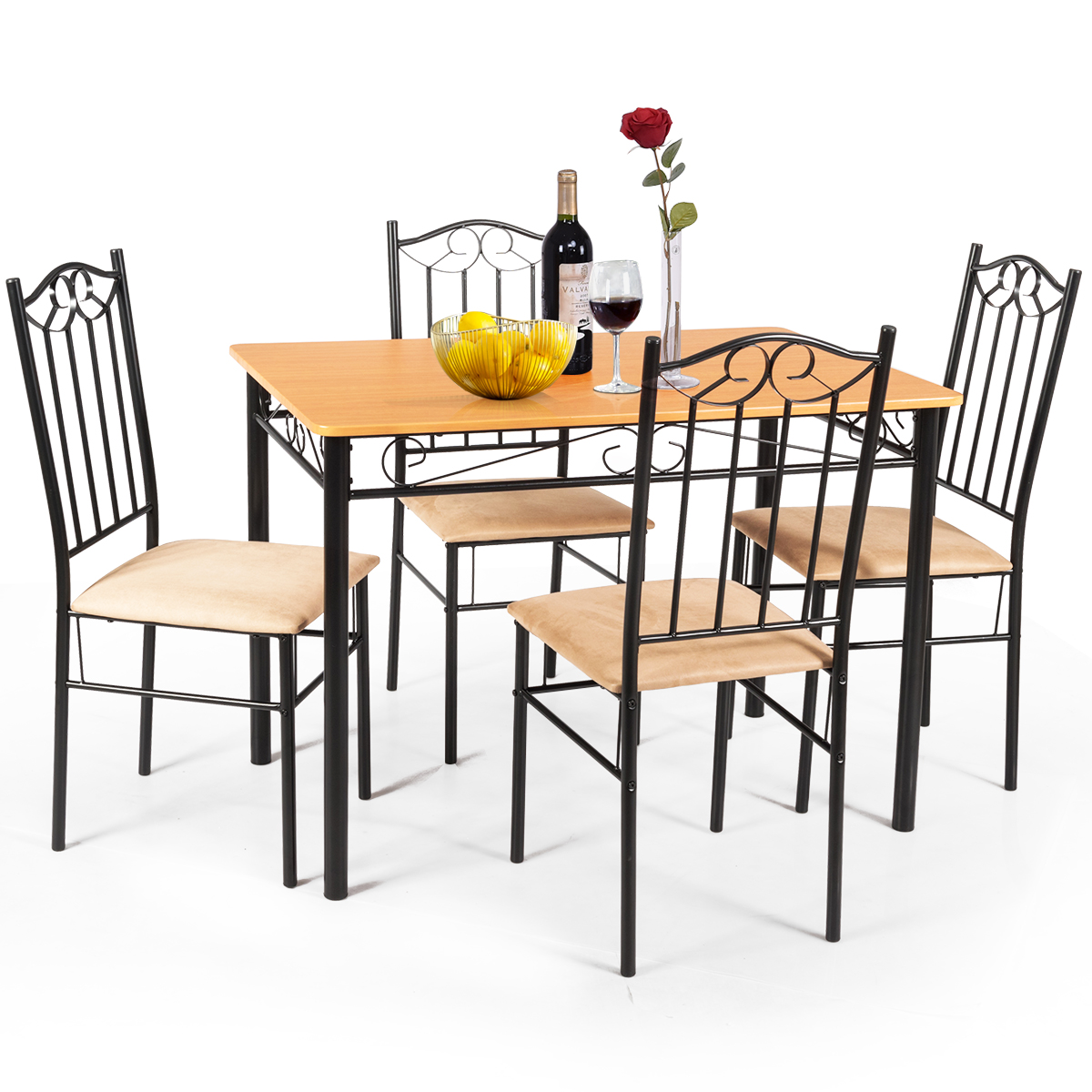 Costway 5 PC Dining Set Wood Metal Table 30'' and 4 Chairs Kitchen Breakfa