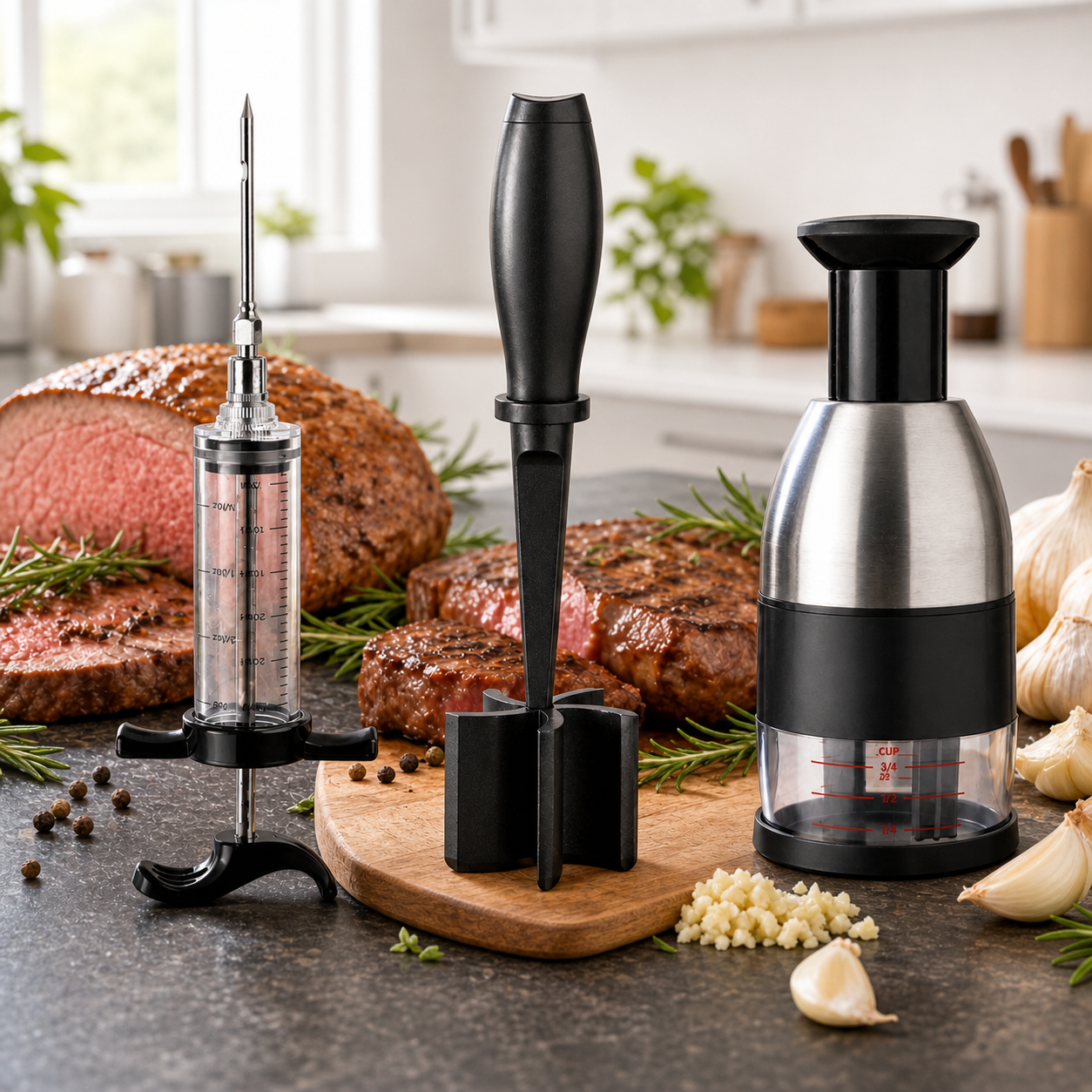 3-Piece Stainless Steel Kitchen Set: Meat Injector, Masher & Garlic Press