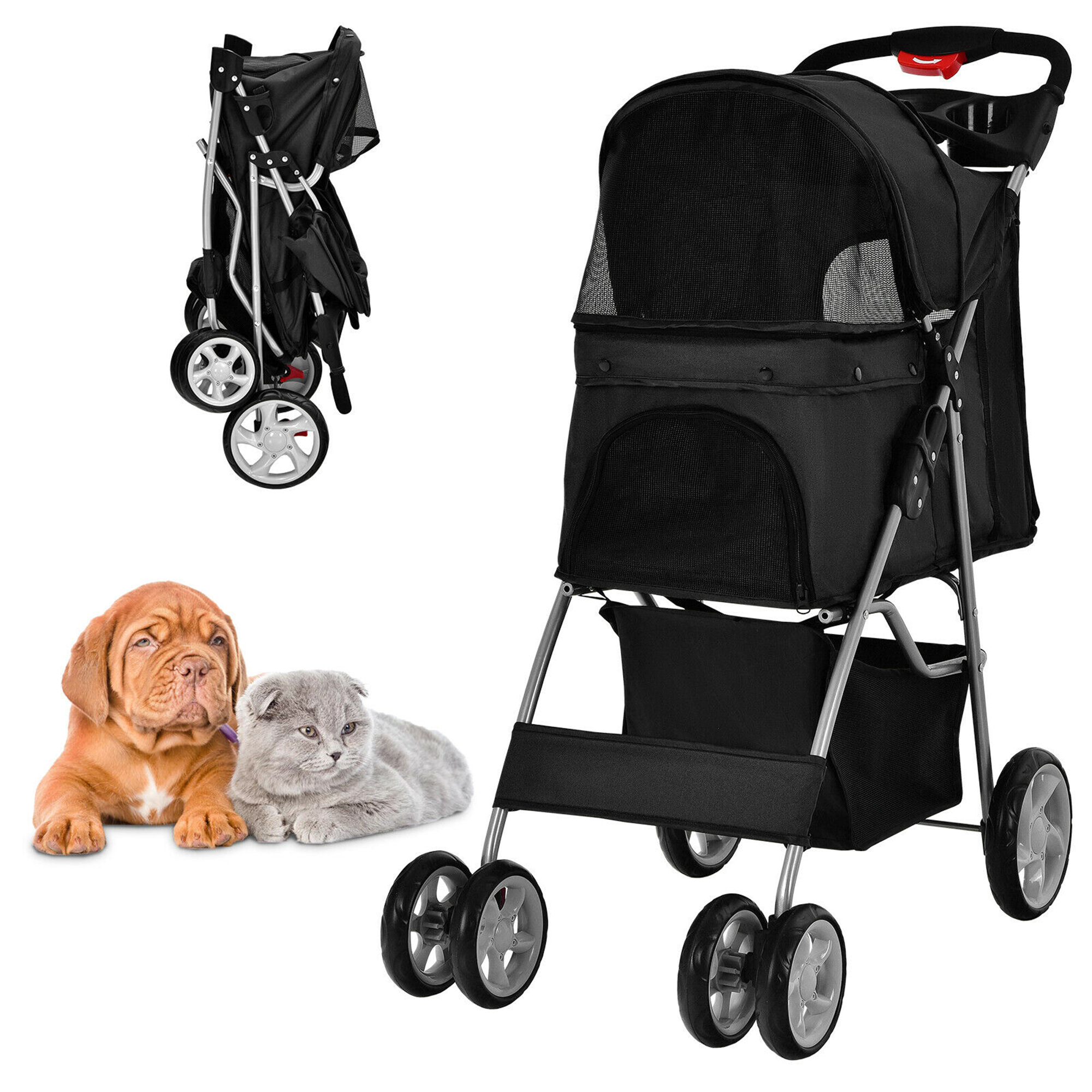 Costway Folding Pet Stroller 4-Wheel Pet Travel Carrier w/Storage Basket