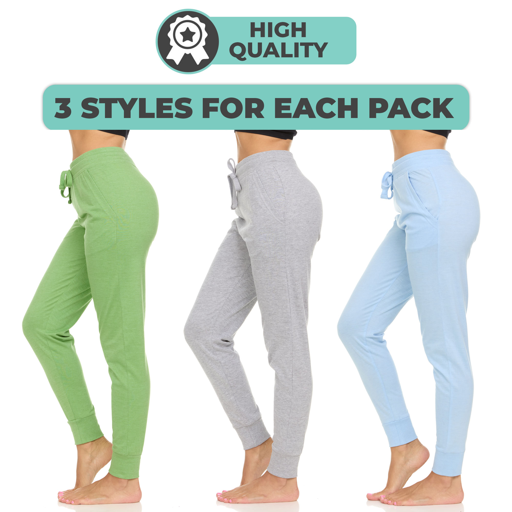 3-Pack Womens Leggings with Pockets and Elastic Cuff