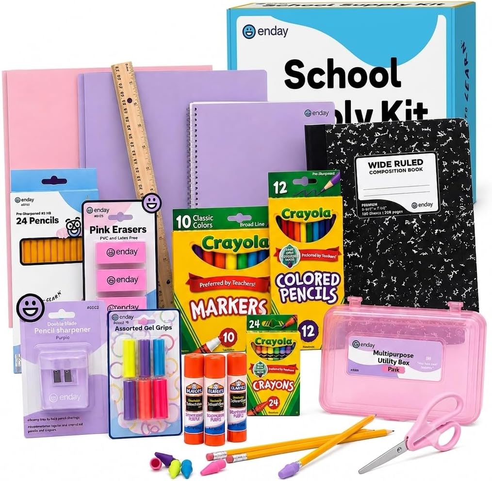 Enday Kids Pastel Back to School Supply Box - Folders, Notebook, Composition Book, Pencils, Scissors, Crayons & More