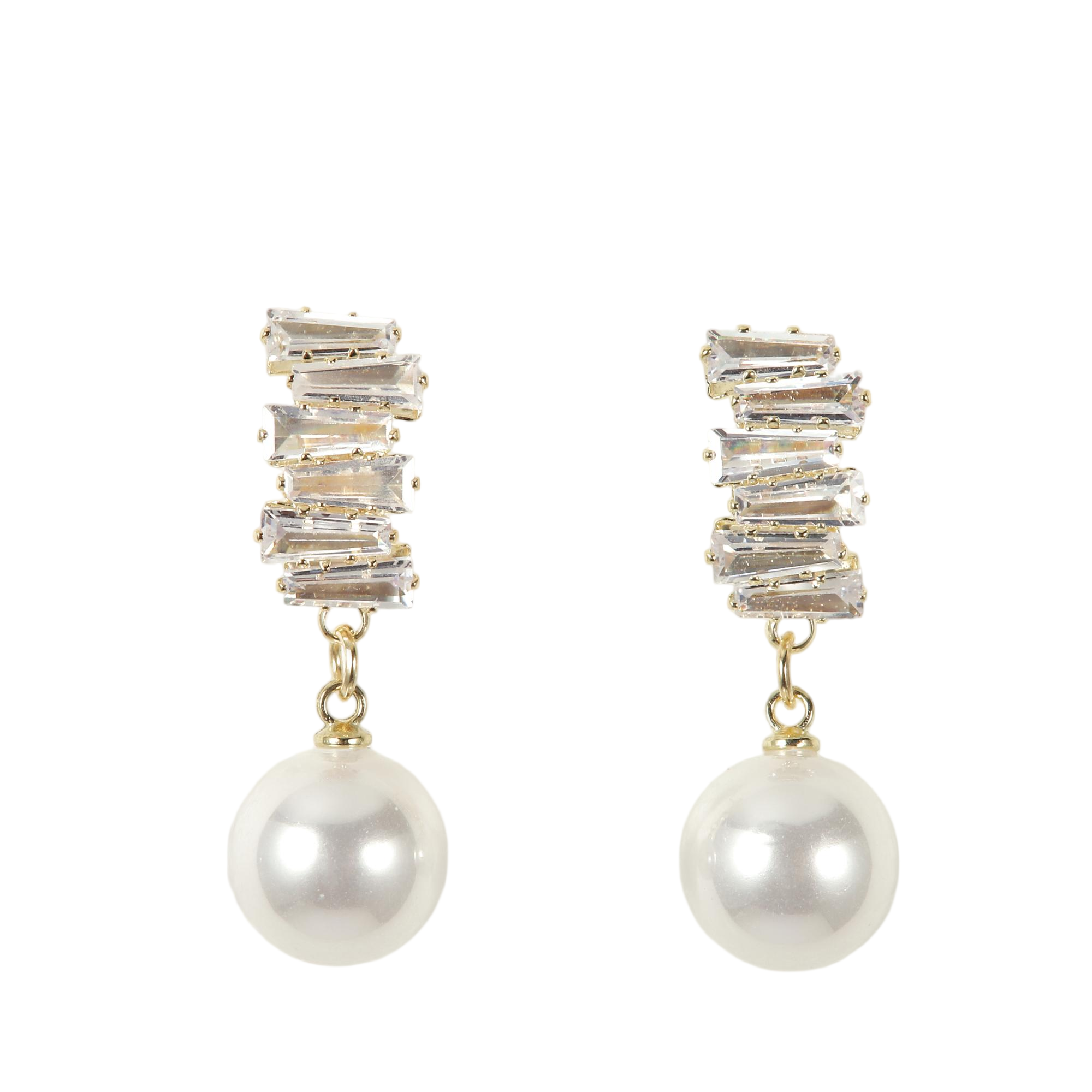 Stainless Steel Gold Plated Baguette Cubic Zirconia Drop Earrings with Pearl
