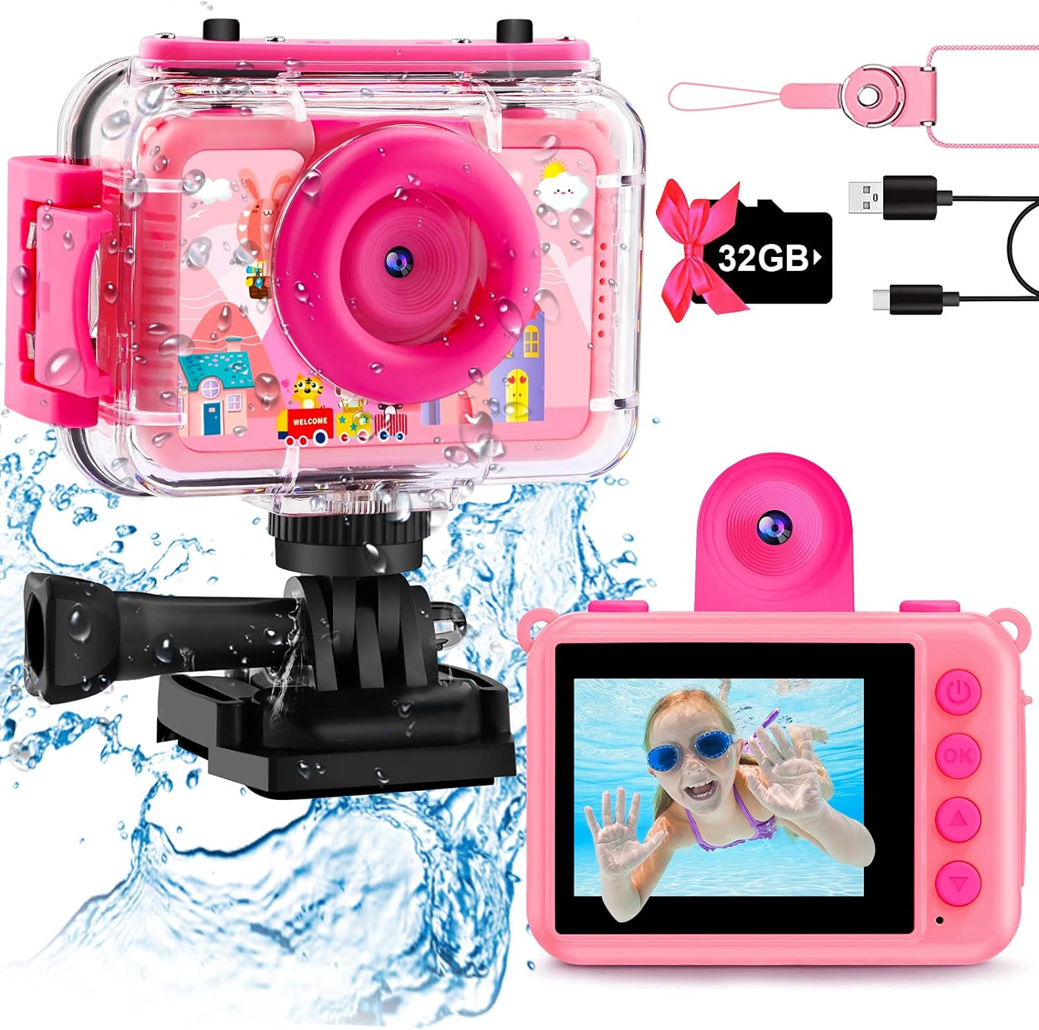 GKTZ KD190 Kids Waterproof Camera - Underwater Digital Action Camera - PINK