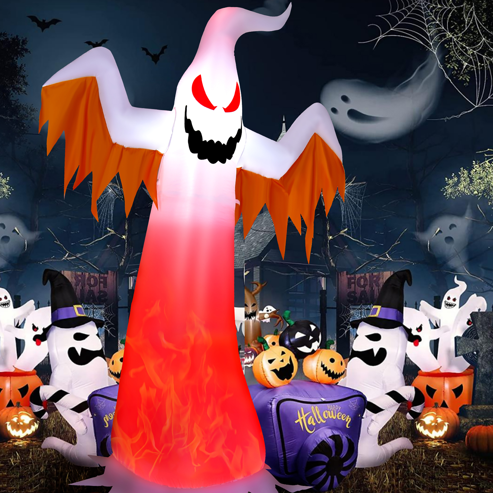 8 FT Halloween Inflatable White Flamed Ghost