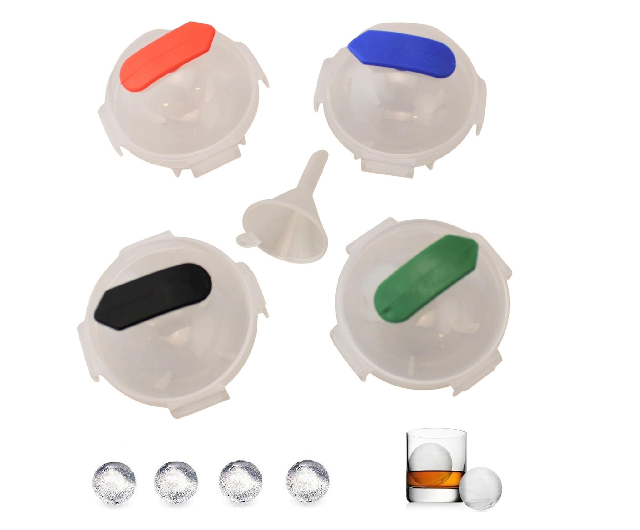 4 Pack 2" Large Round Ice Cube Ball Maker Molds Bar Whiskey Stones Party Includes Mini Funnel Funnel