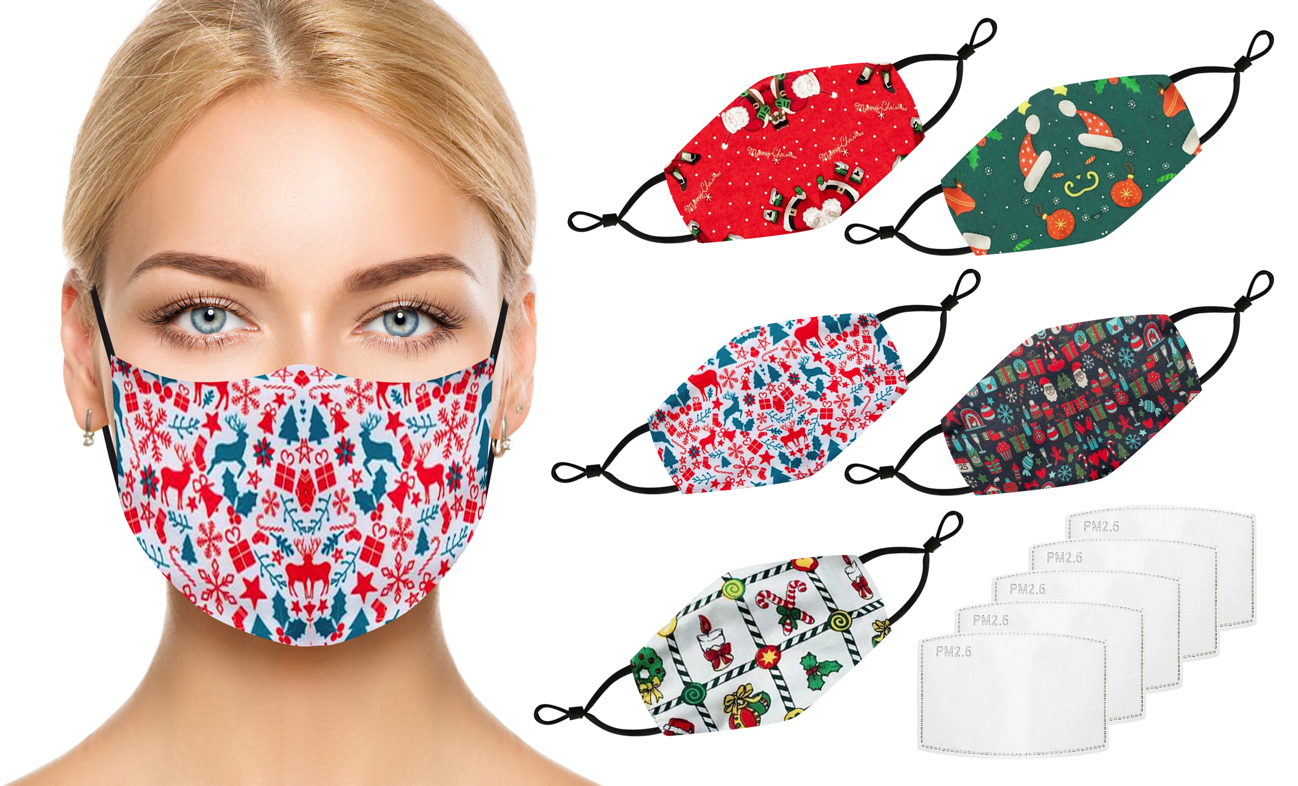 Holiday-Themed 100% Cotton Face Masks with Adjustable Straps (5-Pack)
