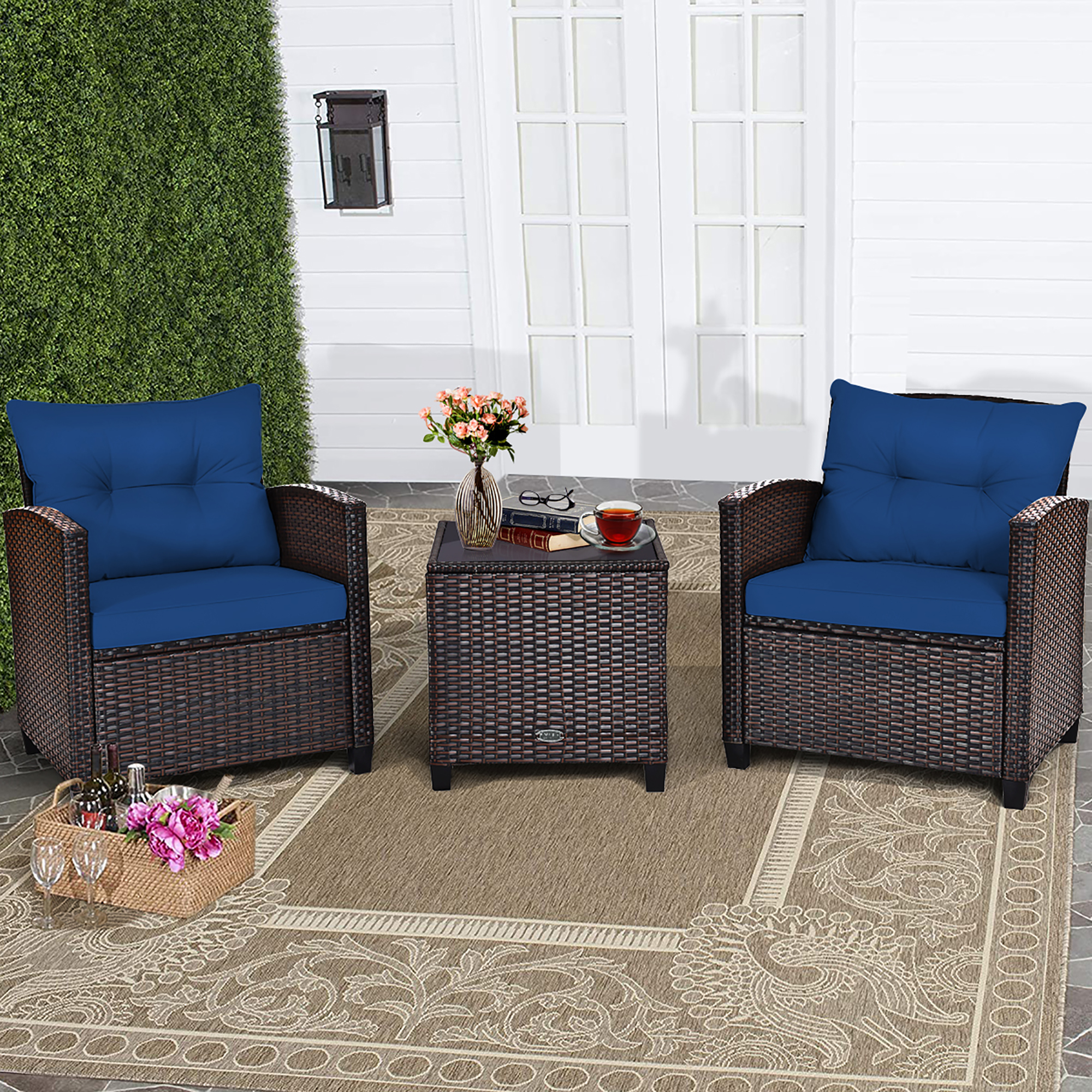 Costway 3PCS Patio Rattan Furniture Set Cushioned Conversation Set Coffee